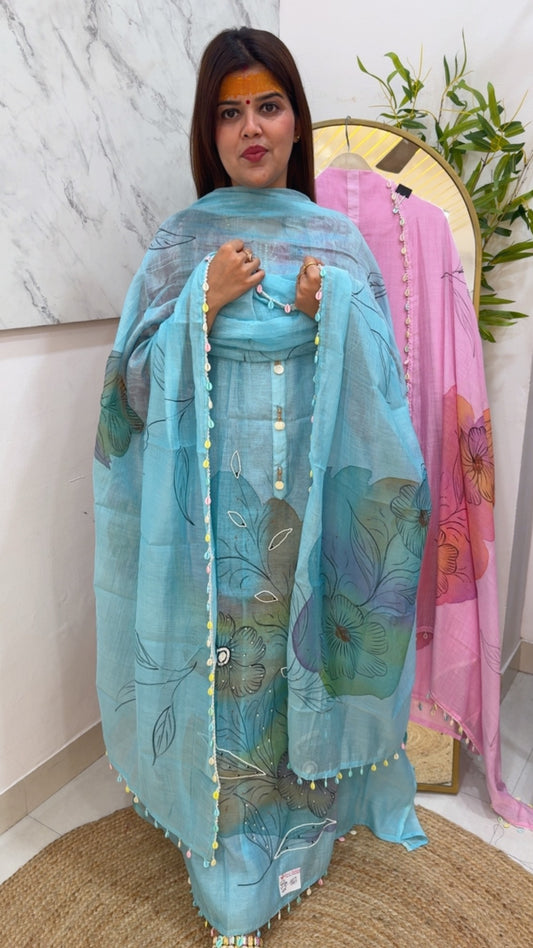Pure Mul Mul very unique and classy hand painted suit material along with Mul Mul hand painted dupatta with sequence work GF1020 SKY BLUE