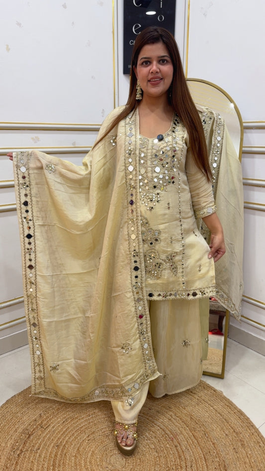 Ready To wear Golden ivory super classy and stylish perfect for any party any celebration made upon pure shimmer silk with super fine mirror work detailing GF935