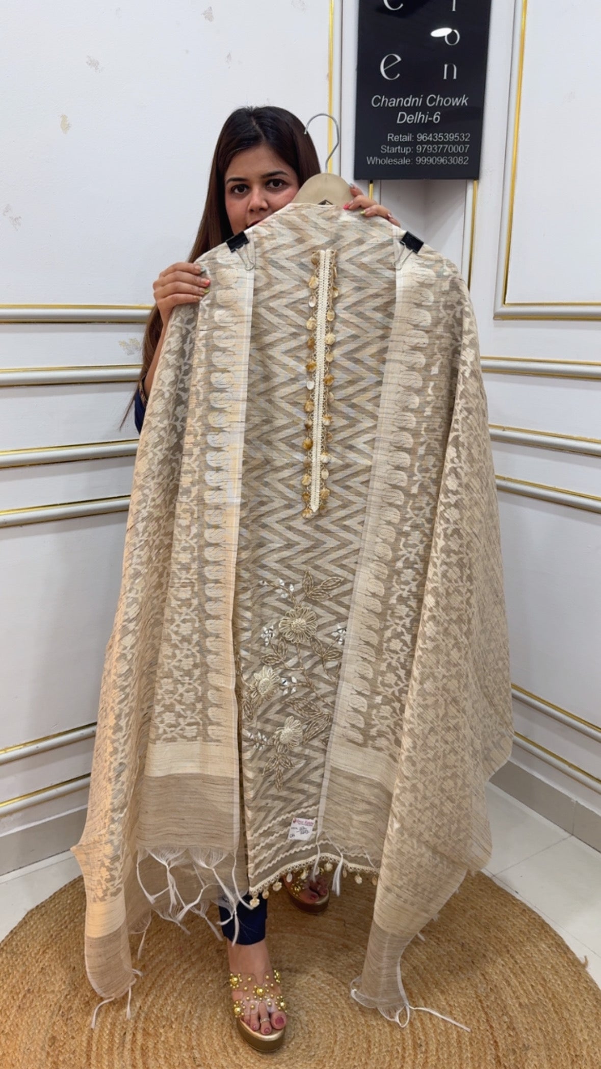 Mothers Day Special Beige unique jamdhani work full hand Deori embroidery work with fully weaved jamavar dupatta GF1124 Beige