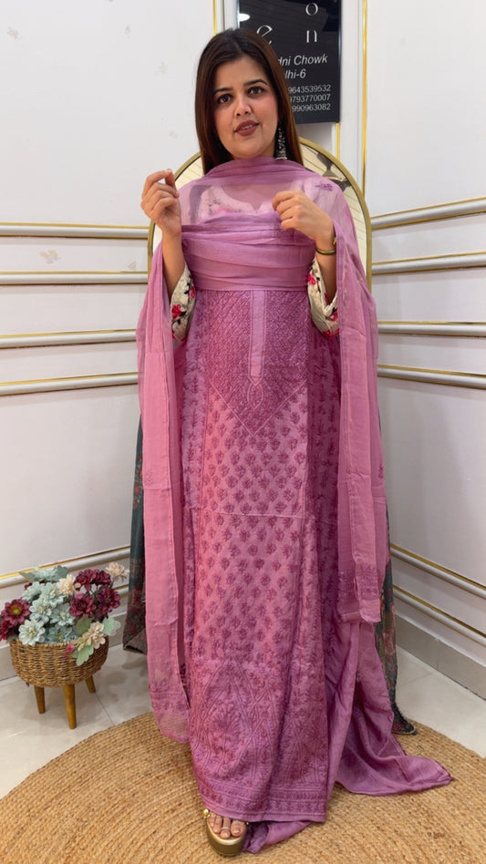 Premium pure very royal raw silk full kantha thread embroidered suit material along with chiffon dupatta GF1014 Pink