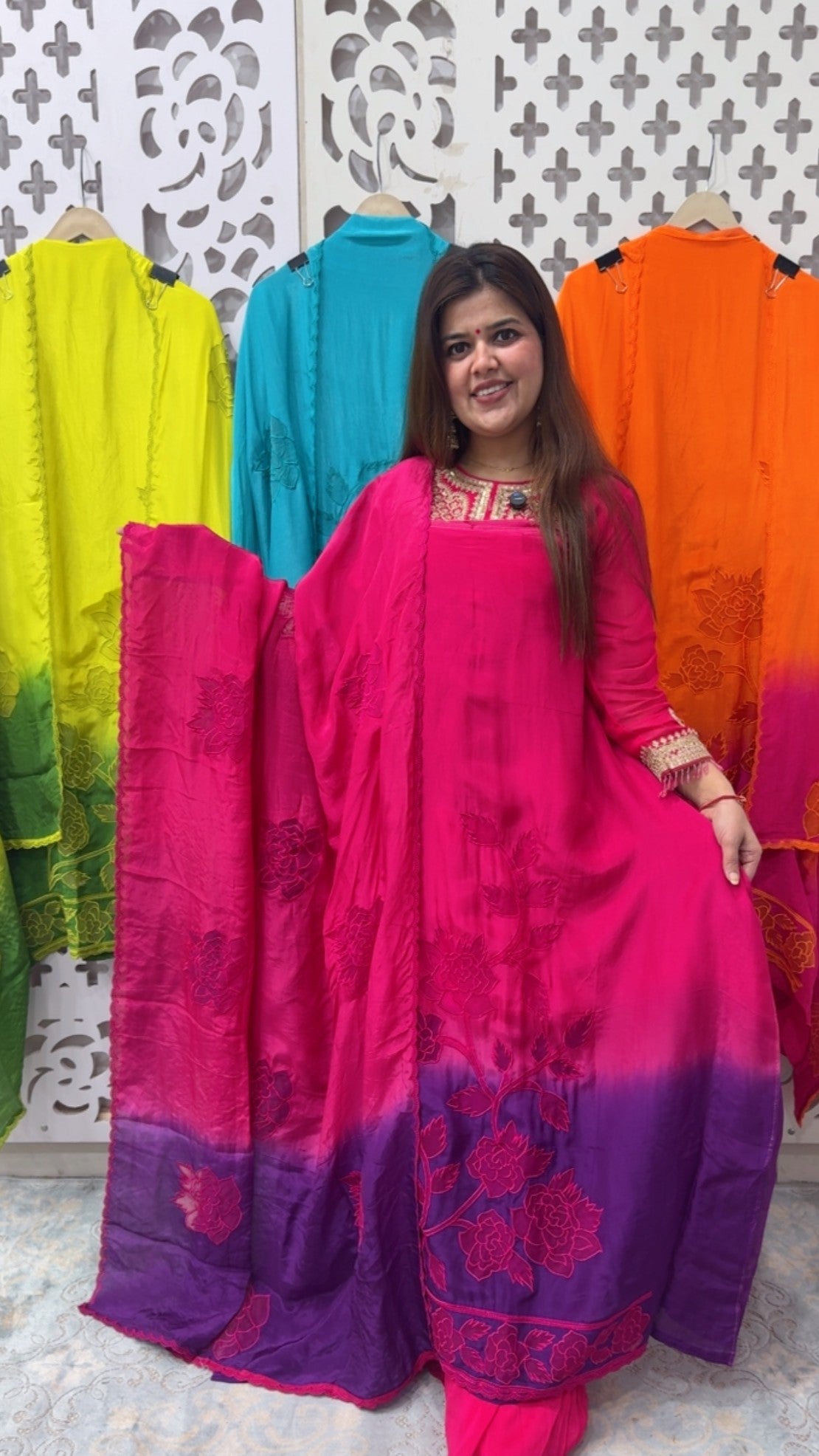 Vibrant premium pure crape silk suit material with laser Applique work detailing along with beautiful ombre GF 829