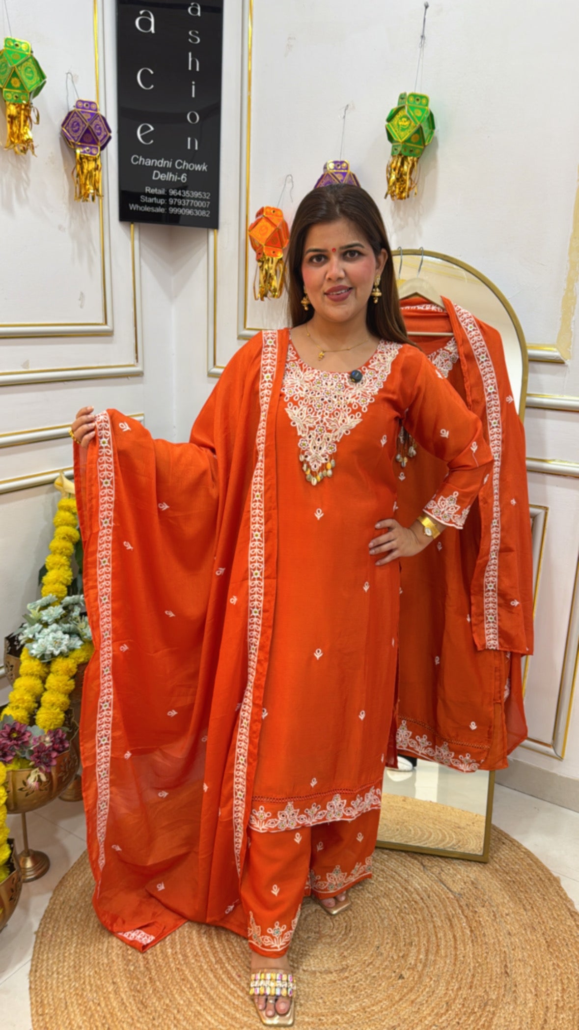 Feastival special ready to wear pure chinon silk orange colour with full embroidery GF670