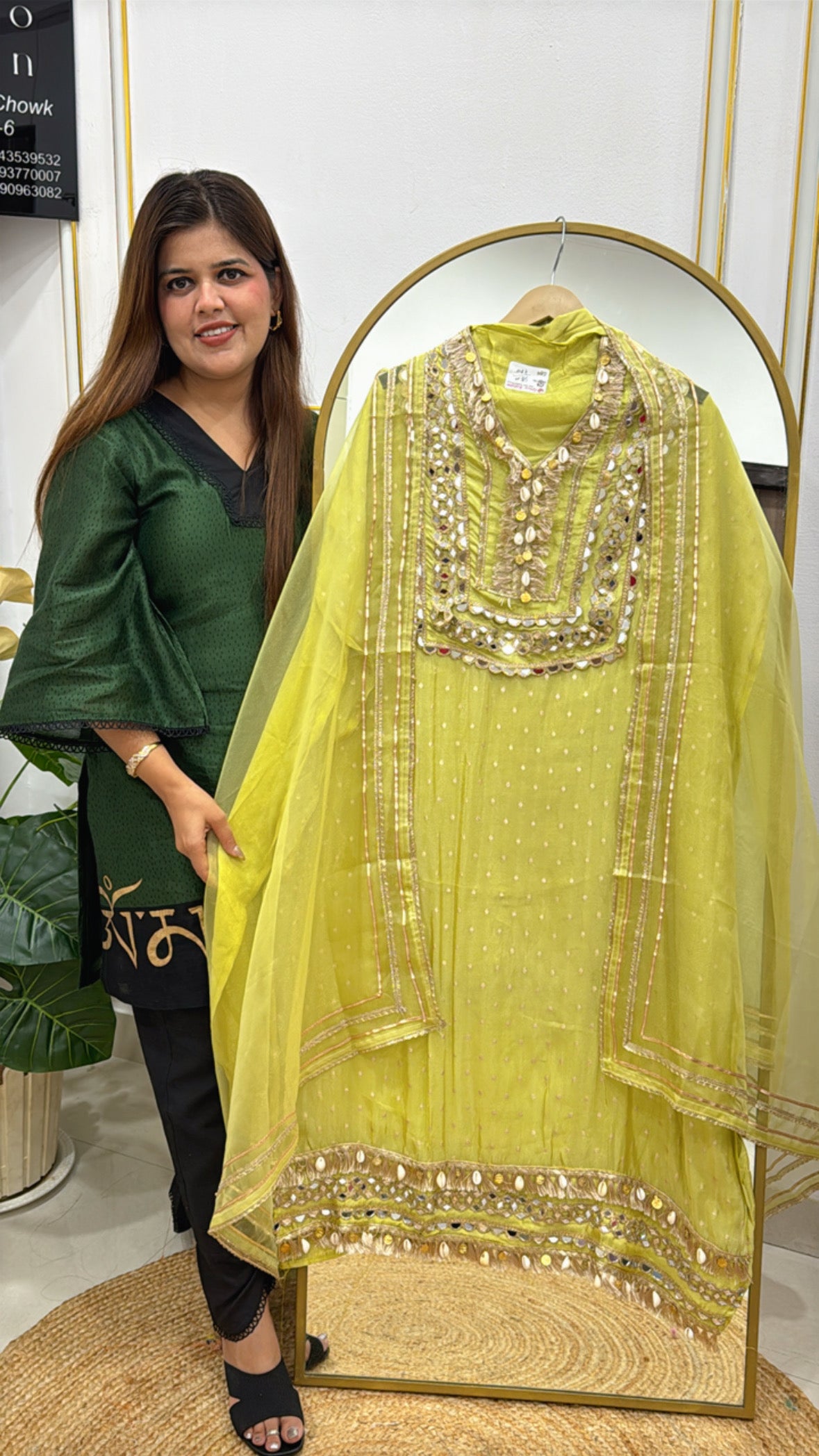 Premium Shimmer Silk Suit with Handwork Neck & Gota Detailed Organza Dupatta GF 316