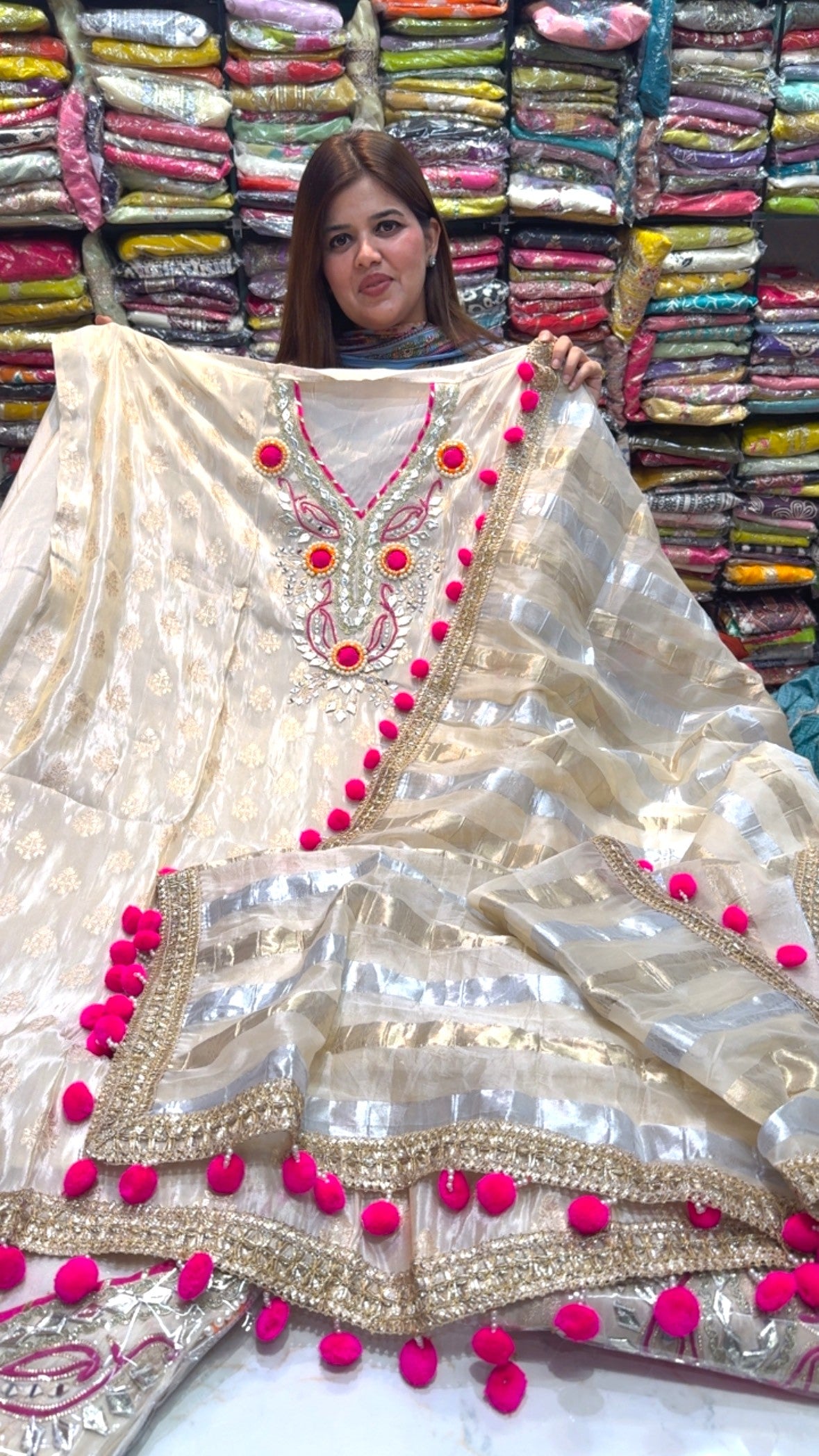 Golden Ivory Glam ,Burberry silk trending Pom Pom detailing with premium neck work detailing along with Burberry silk dupatta GF724