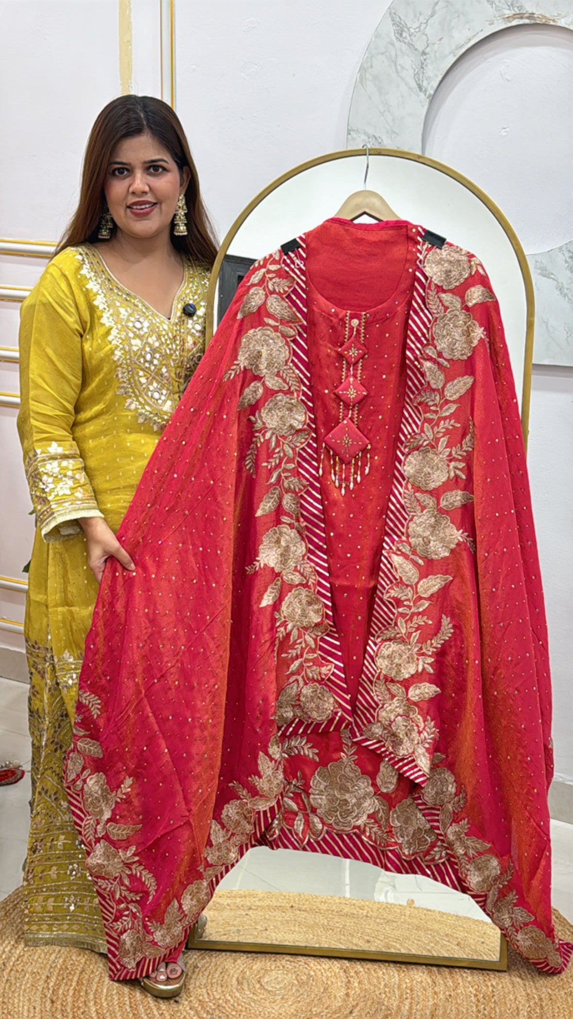 partywear unique designer crushed shimmer silk suit material with heavy designer applique dupatta along with designer neck detailing GF 477