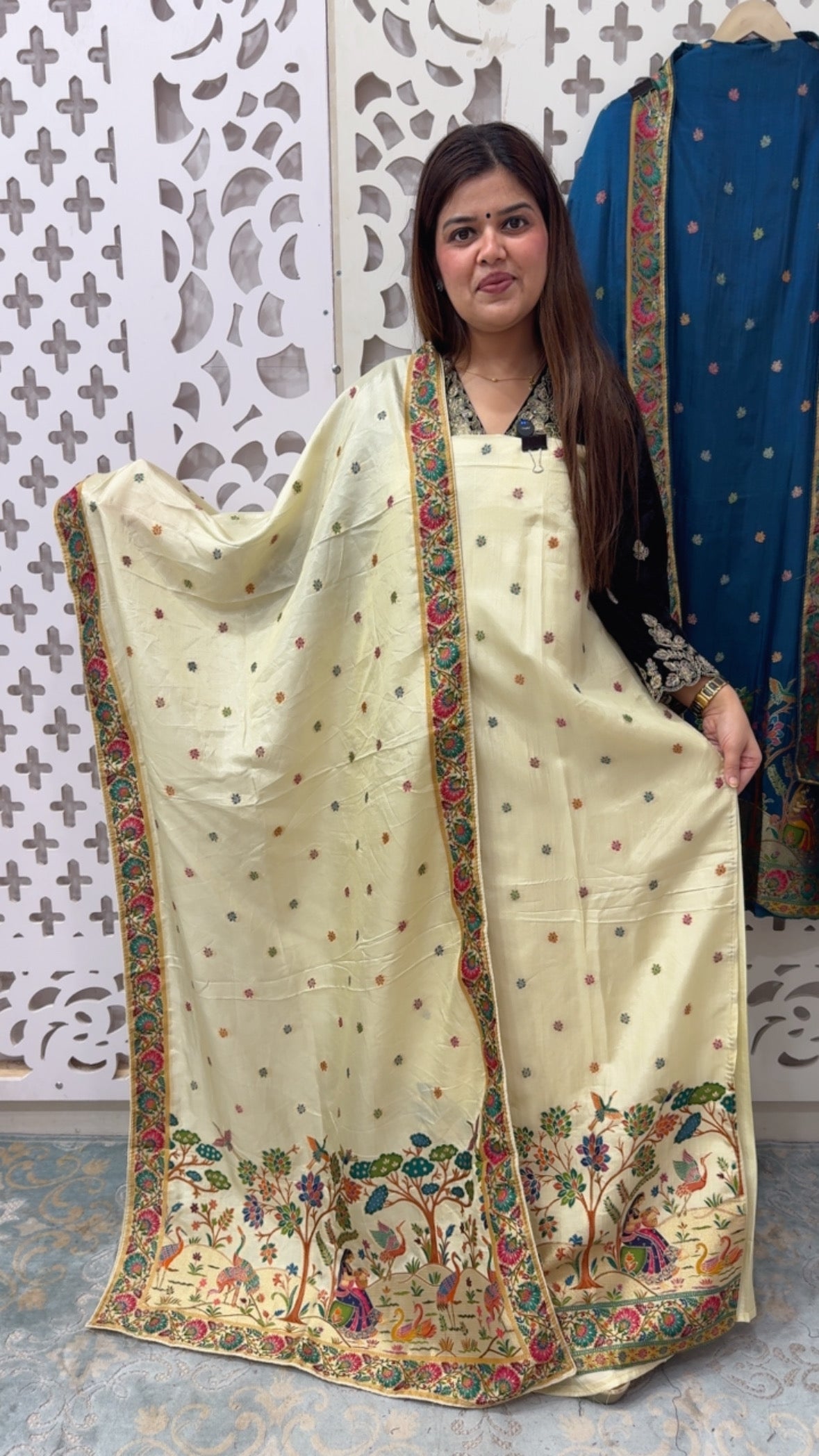 Premium pure Russian silk full gold weaved pichwai art designer silk suit material with weaved silk dupatta GF836