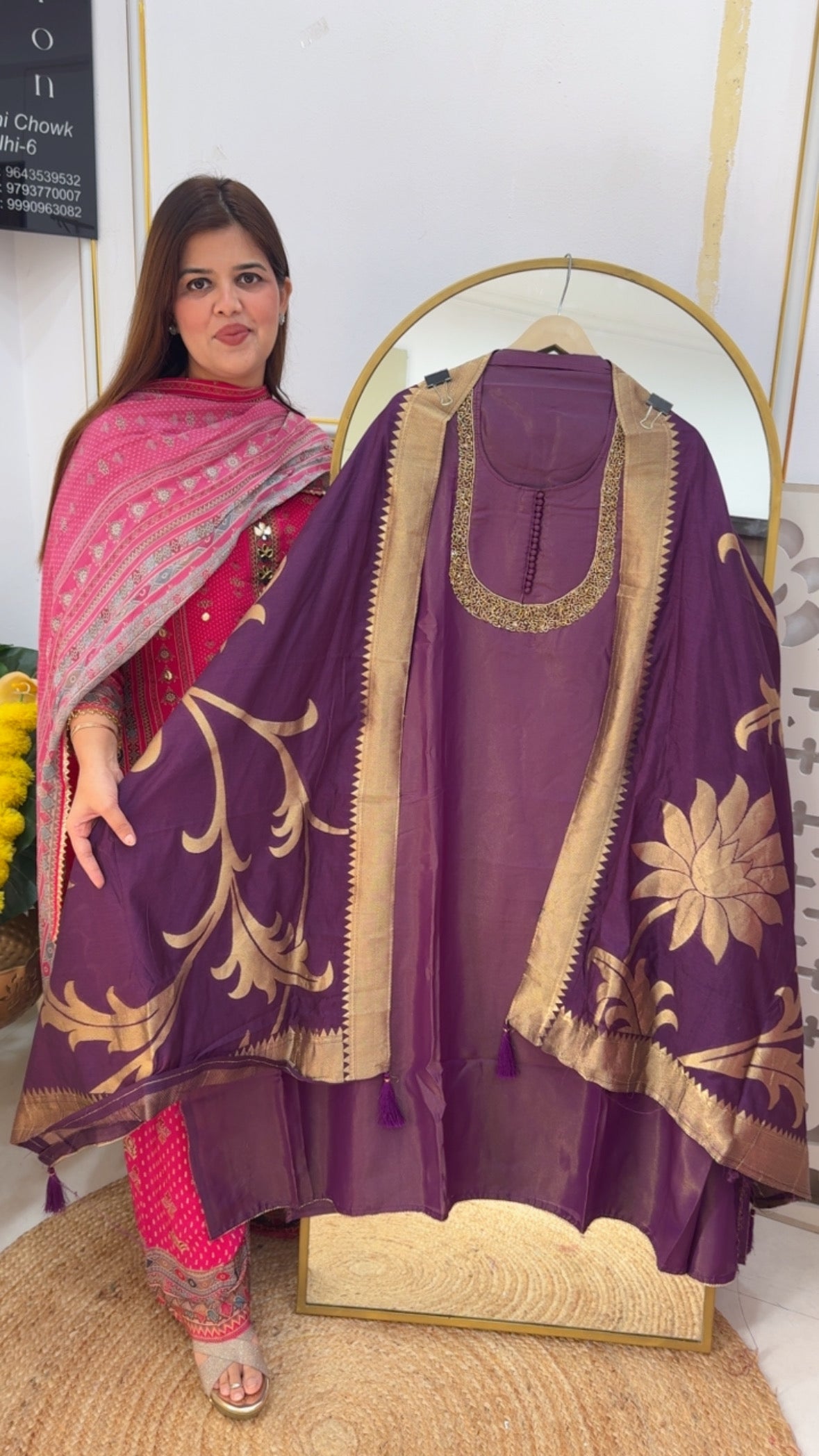 Semi partywear neck handwork shimmer suit material with weaved banarasi dupatta GF723