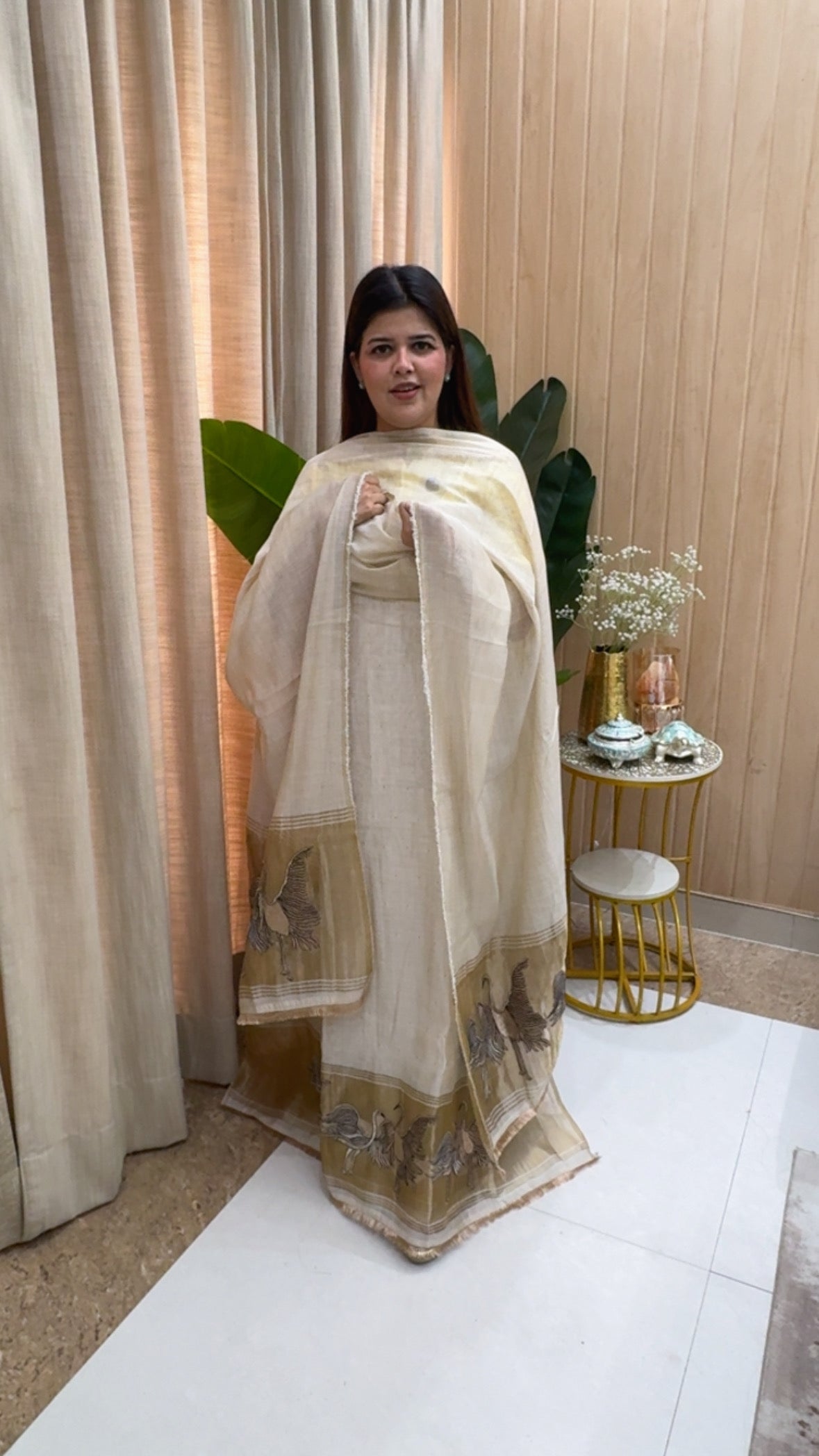 Pure tusser Moonga silk golden weaved super stylish and premium flamingo applique detailing premium and royal suit material GF1174 IVORY WHITE