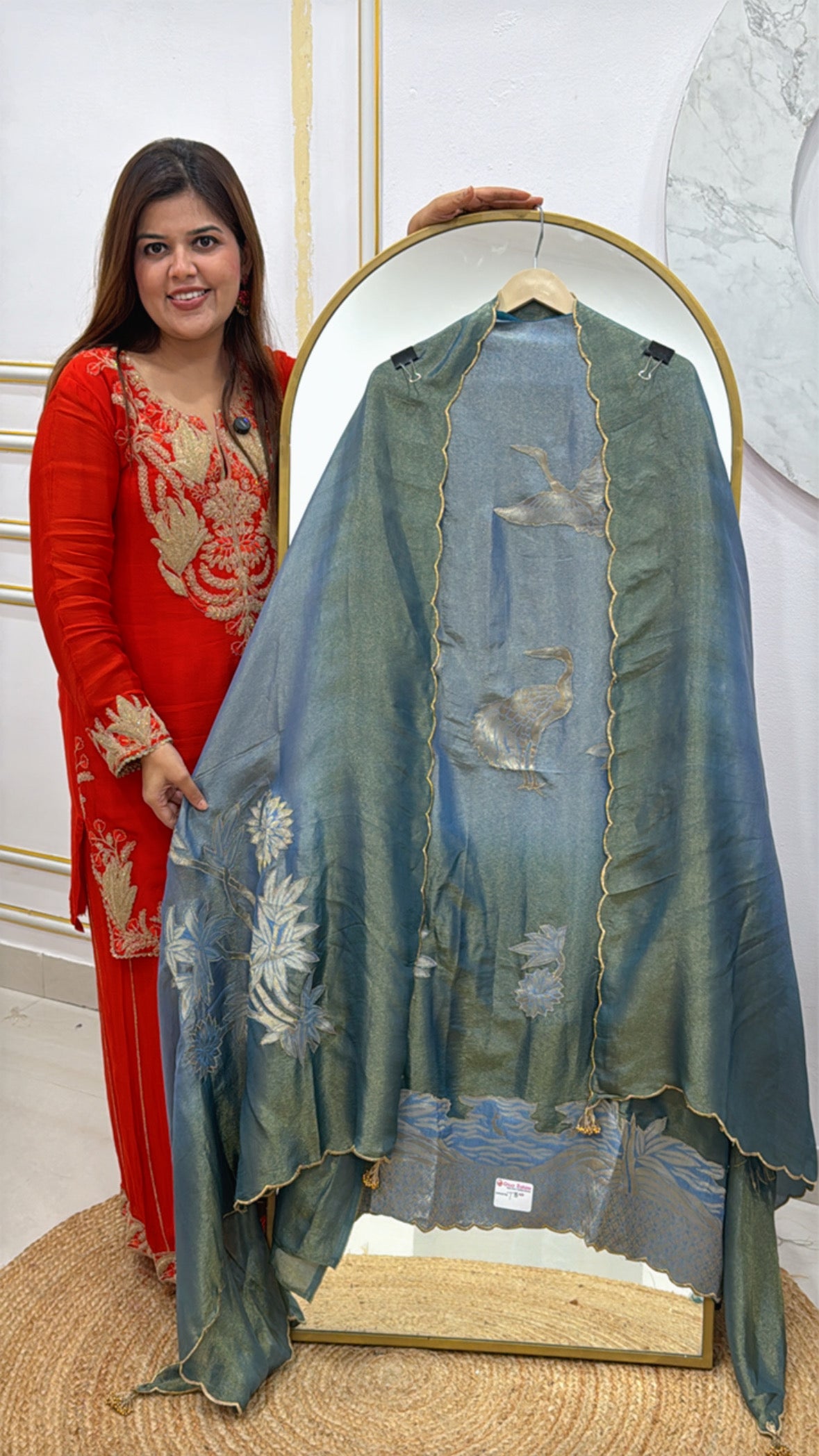 Latest and super designer pure metallic shimmer silk suit material with flamingo applique work all over shirt and dupatta GF495