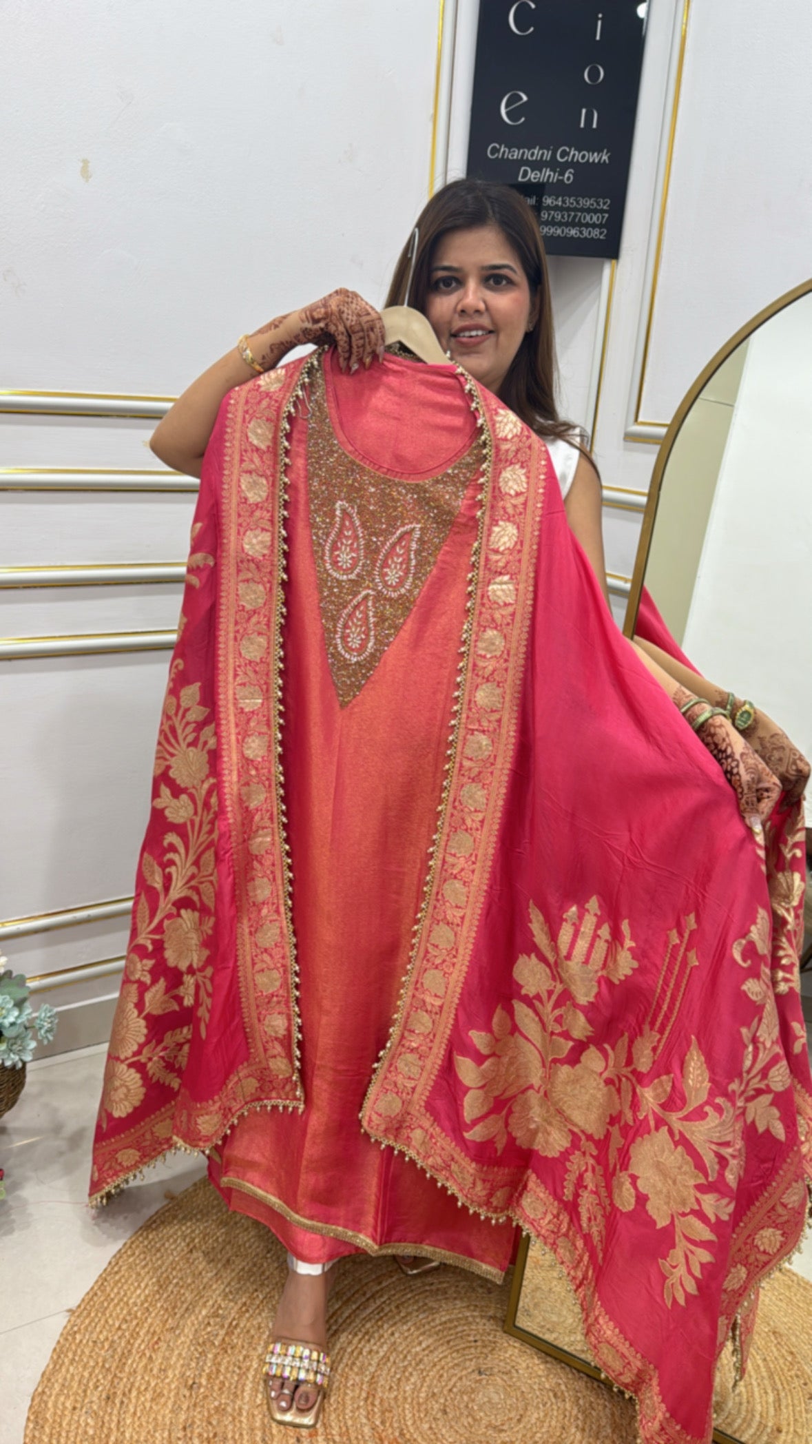 Pure Shimmer Shasha Unstitched Dress Material with Handwork Neck &amp; Weaved Dupatta GF 297