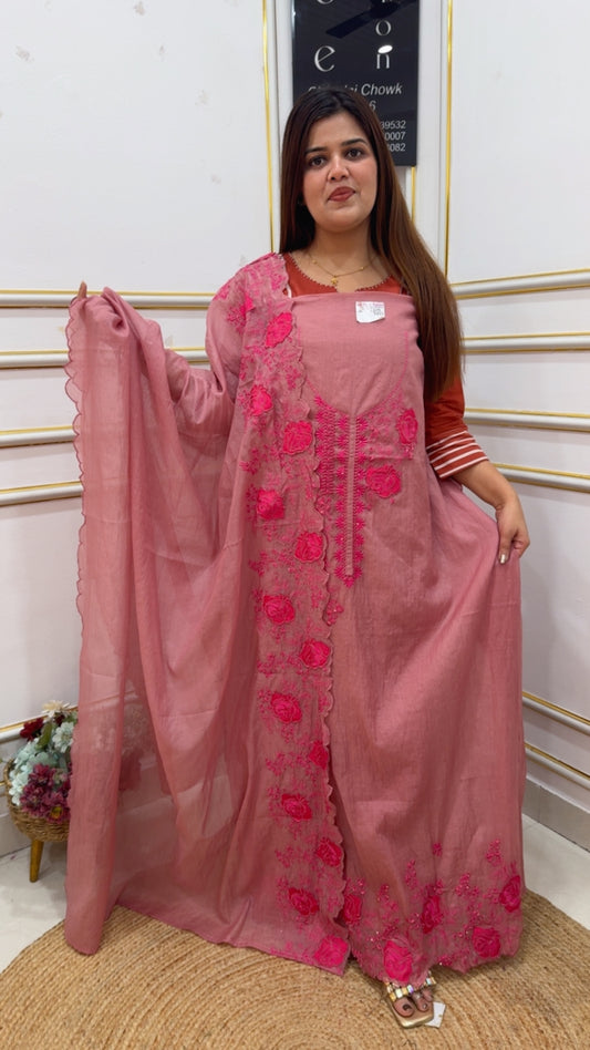 Pure Mul Mul cotton designer hand crafted latest luxurious exhibition special series designer summer special suit material GF1106 ROSE PETAL PINK