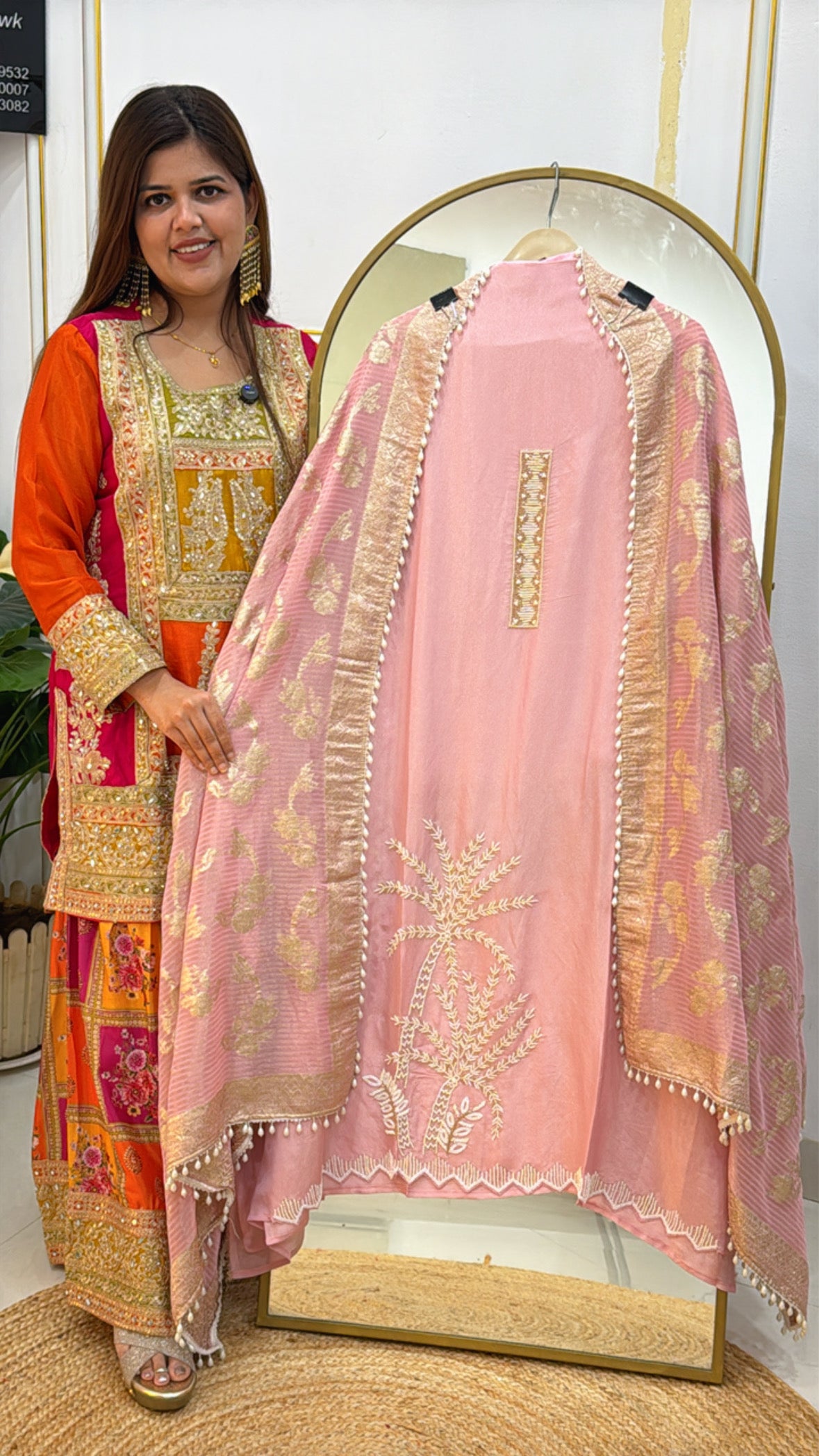 Designer Pure Shimmer Silk Suit with Manual Handwork &amp; Heavy Weaved Kanjivaram Dupatta GF 450