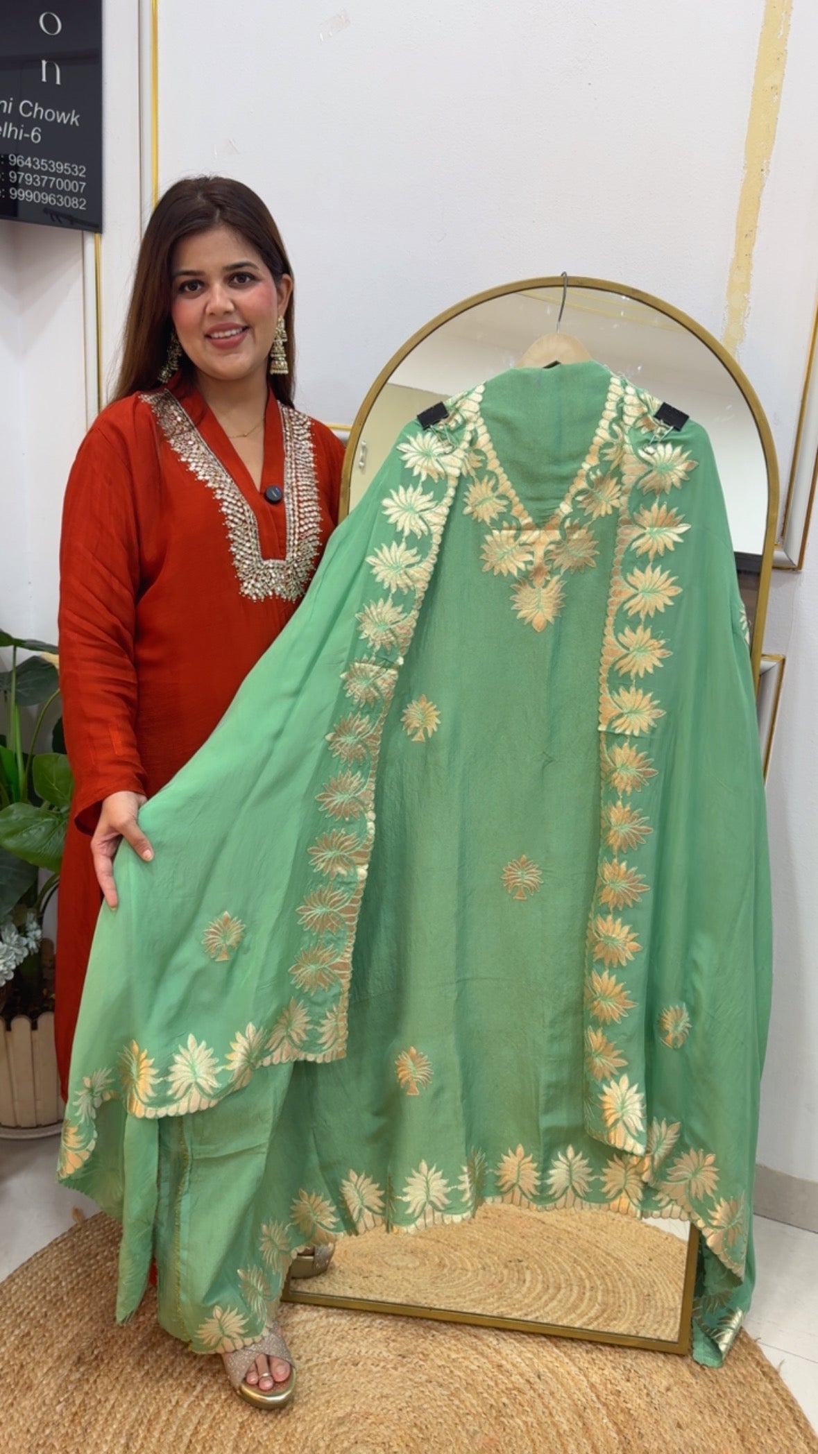 Elegant and designer pure shimmer silk suit material with all over leather patch laser detailing  GF698