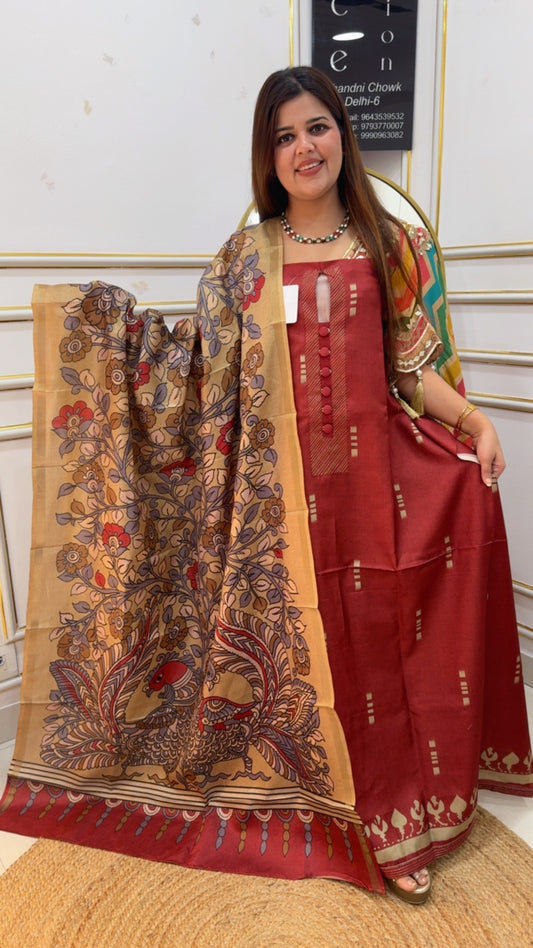 Design semi partywear tusser silk suit material along with designer tusser silk royal printed dupatta 1050 Red