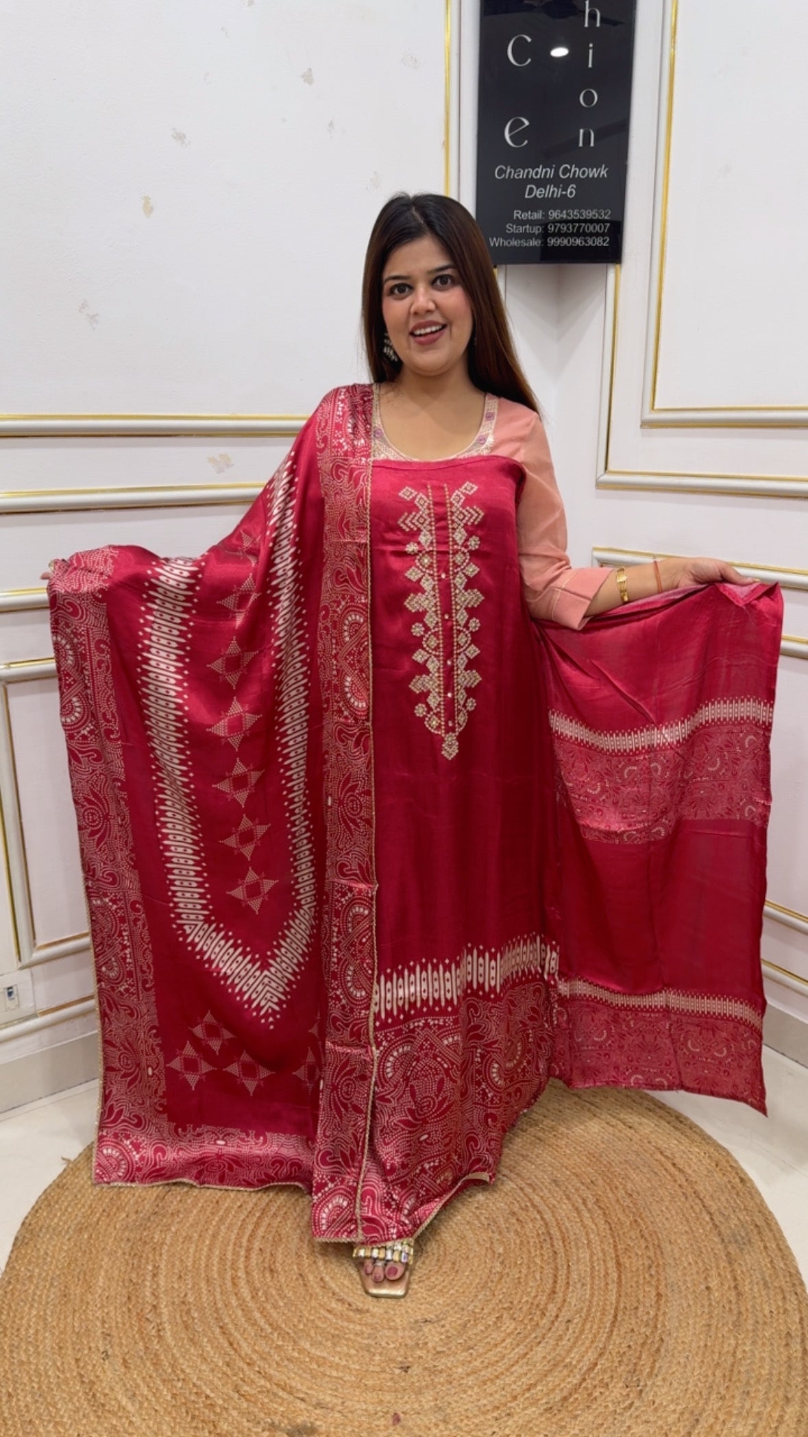 Gajji Silk magic ,pure original designer printed gazzi silk suit material along with Beautiful neck work and pure Gajji silk printed dupatta GF1143 Red