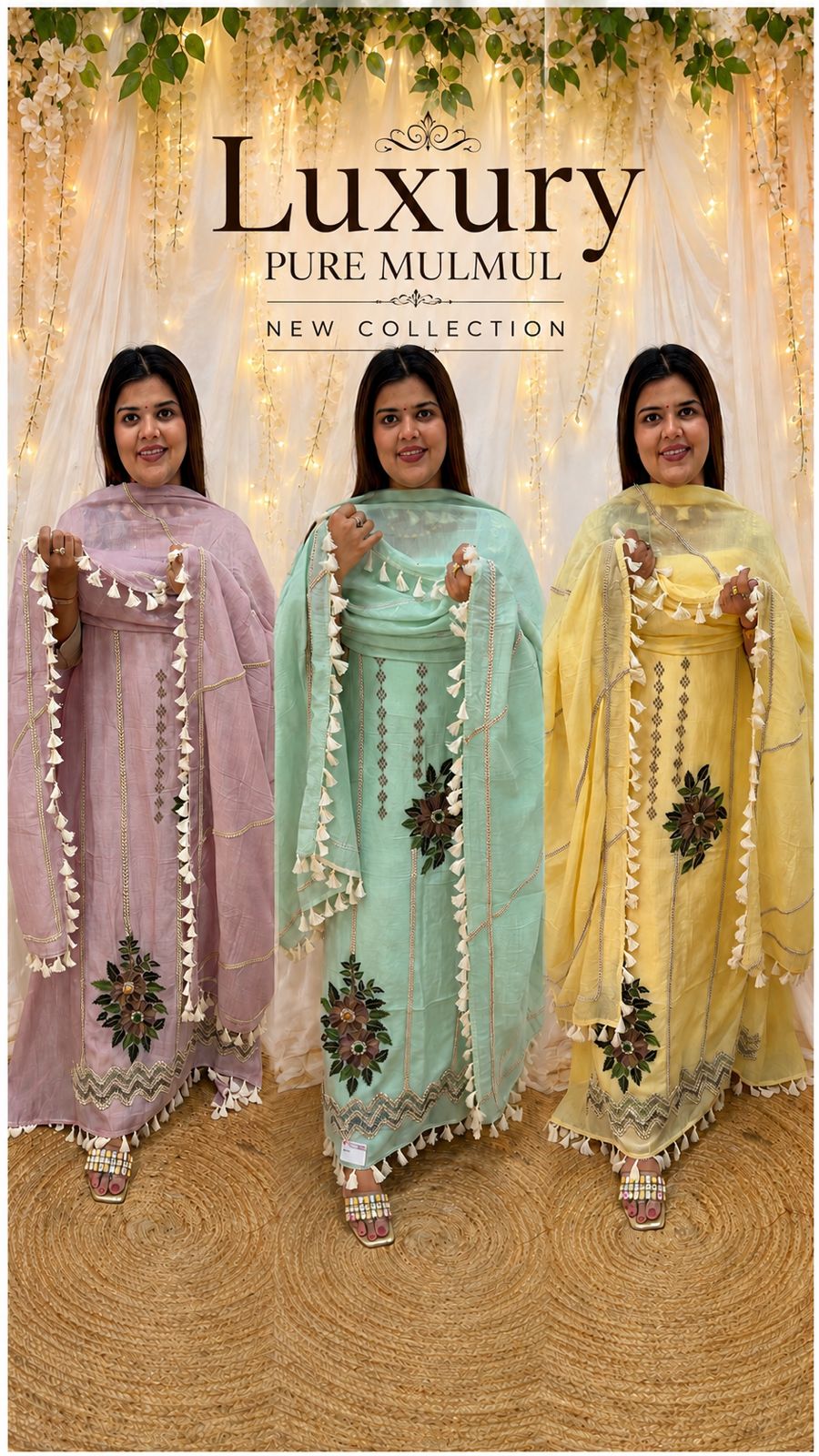 Ultra luxurious pure Mul Mul premium suit material with hand embroidery motif and stone embellishments along with bohemian look classy dupatta GF1145