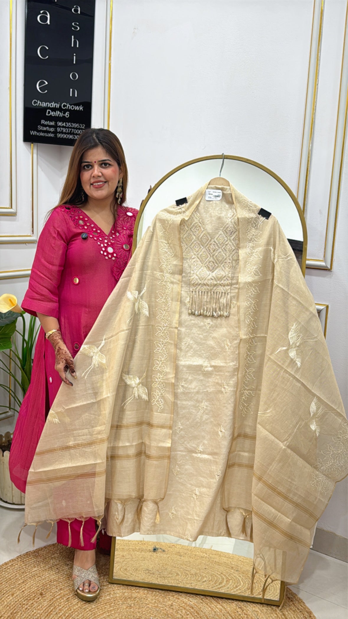 Trending Pure Linen Shimmer Silk Suit Material with Designer Neck &amp; Flamingo Embroidered Dupatta GF 373