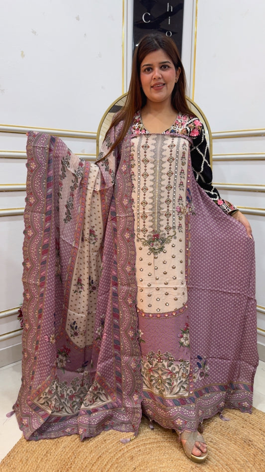 Premium ultra luxurious pure crape digital handwork series with Karachi printed scalped crape dupatta GF1017 Rosewood Mauve