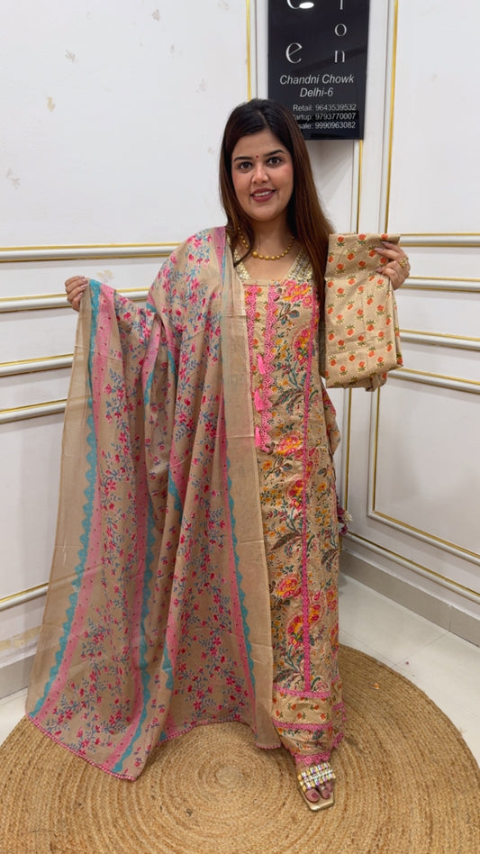 Summer special very pretty pure cotton printed suit material along with cotton dupatta and printed cotton bottom GF1150 CHAMPAIGNE BEIGE