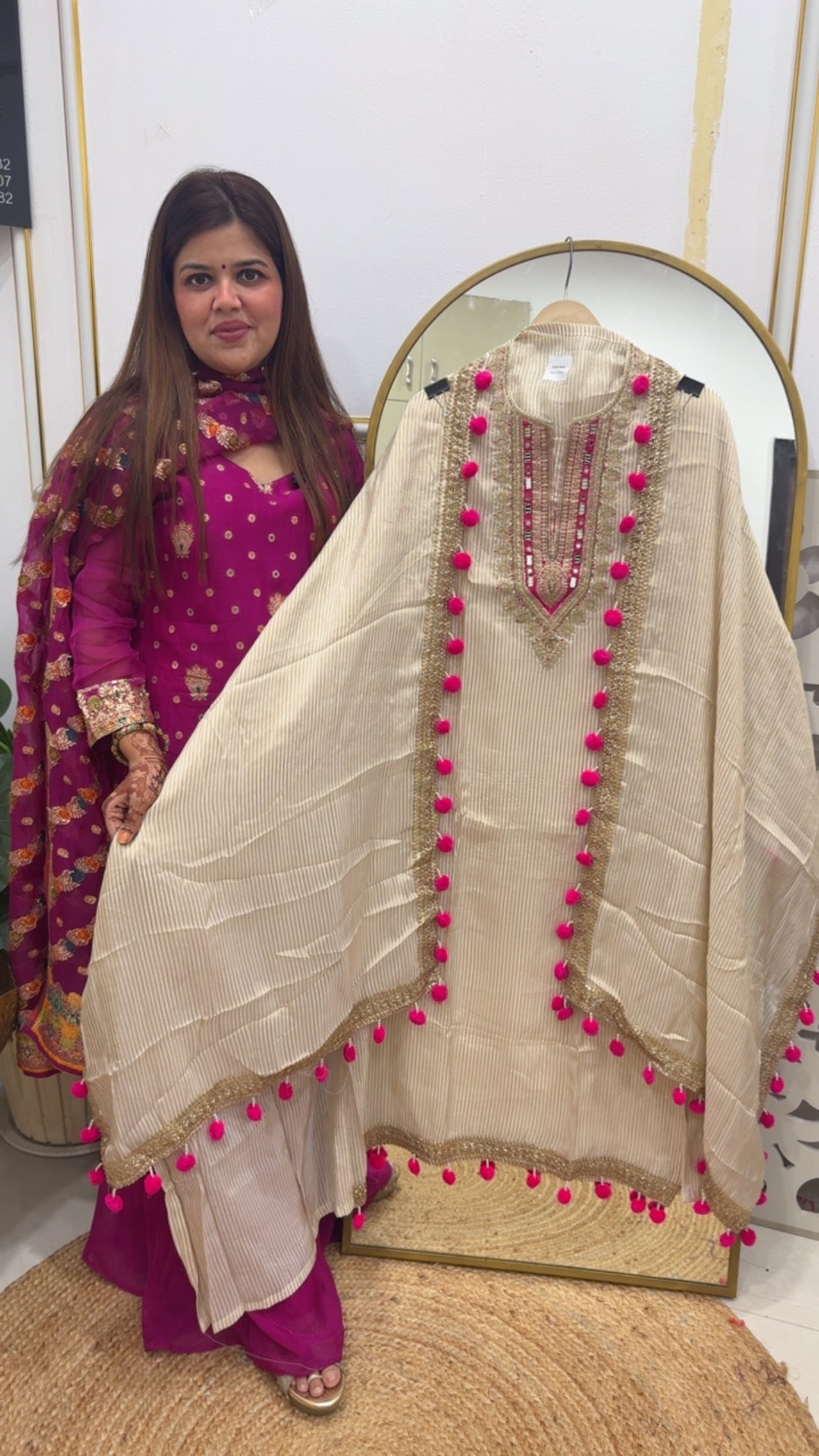 Latest and viral seller pure Burberry silk golden ivory suit materials with premium neck work detailing with full designer look GF 751