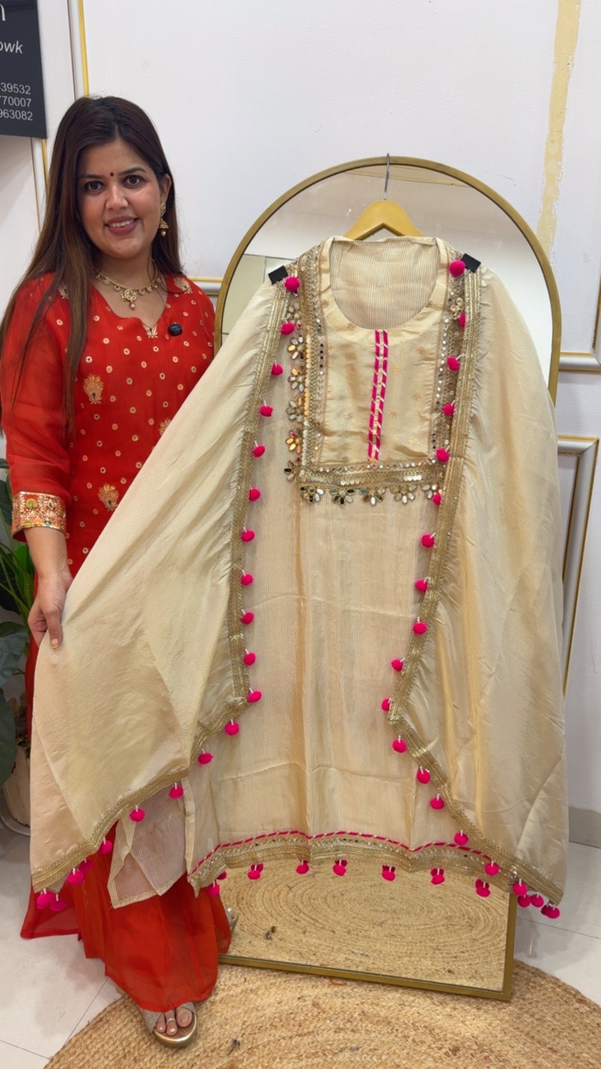 Beautiful golden ivory with designer neck work detailing Burberry silk suit material with all over Pom Pom detailing GF785