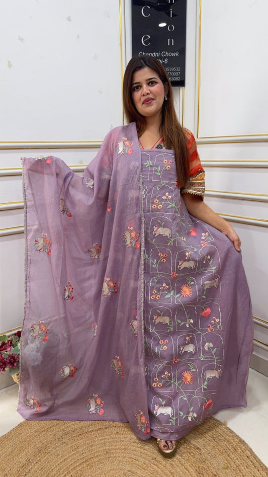 Latest Mul Mul full embroidery jamdhani series super Royal and classy suit material along with embroidery dupatta summer special suit material GF1063 Purple