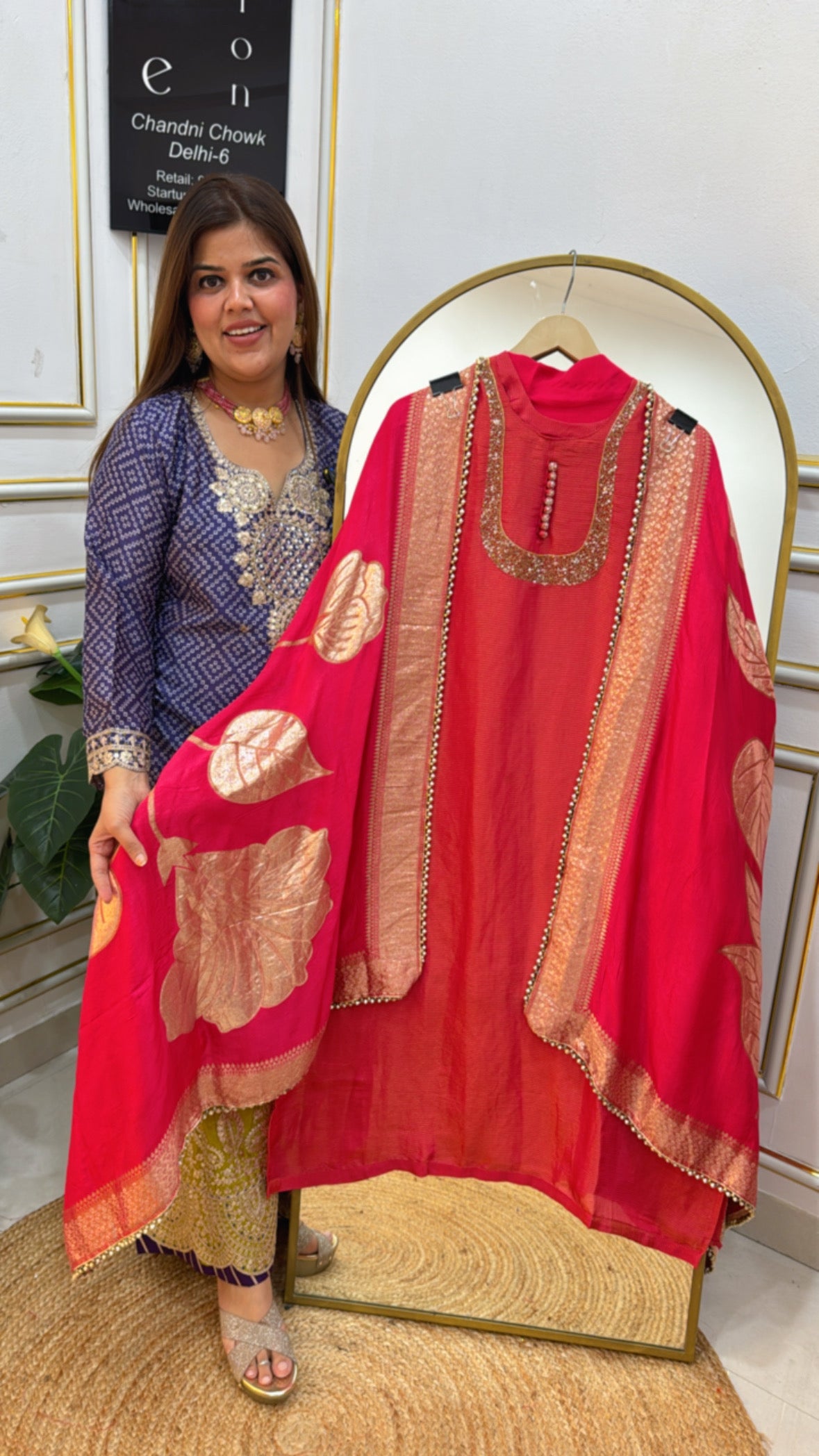 Karwa Chauth special best seller pure shimmer silk suit material with neck handwork along with fully weaved silk banarasi dupatta GF 646