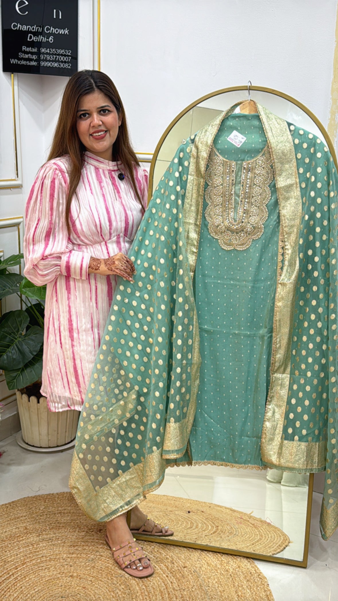 Designer Pure Silk Suit with Pearl &amp; Mirror Neck Work and Weaved Organza Silk Dupatta GF 411
