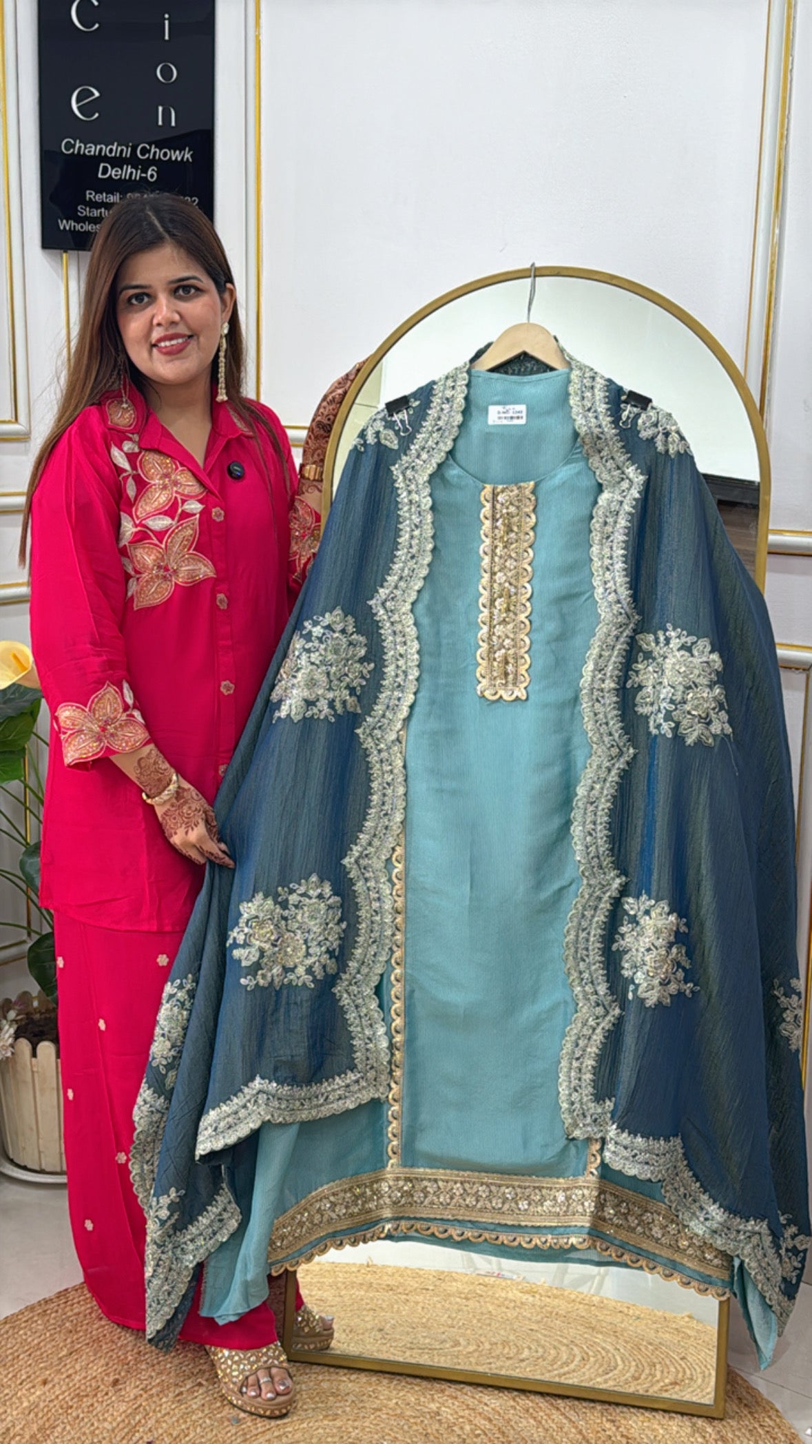 Pure Silk Designer Suit with Heavy Crushed Silk Scalloped Dupatta and Allover Embroidery Work GF 389