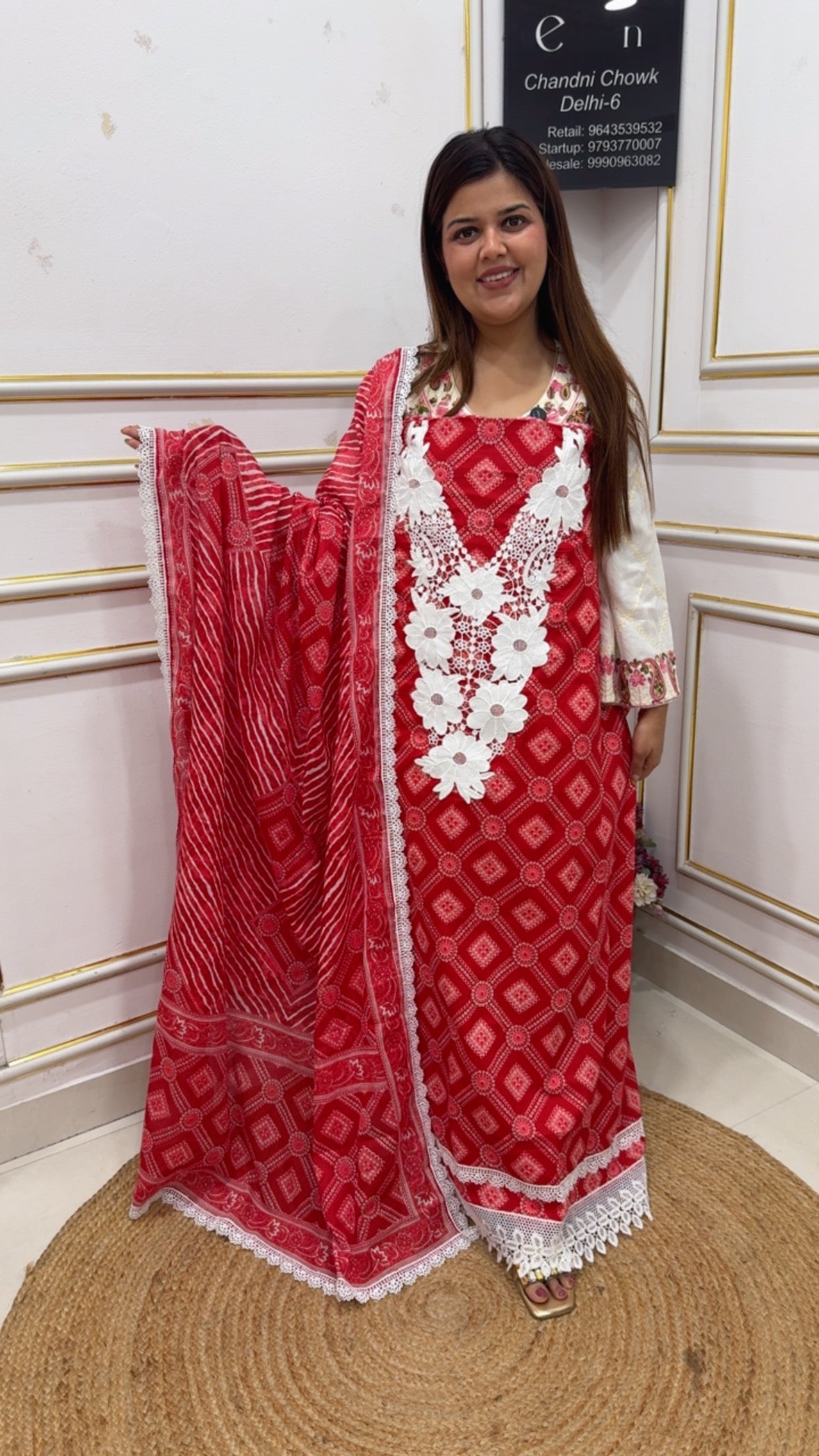 Pure cotton bandhani printed Karachi laces summer special suit material along with lehria cotton bottom and pure cotton dupatta GF1127 Red