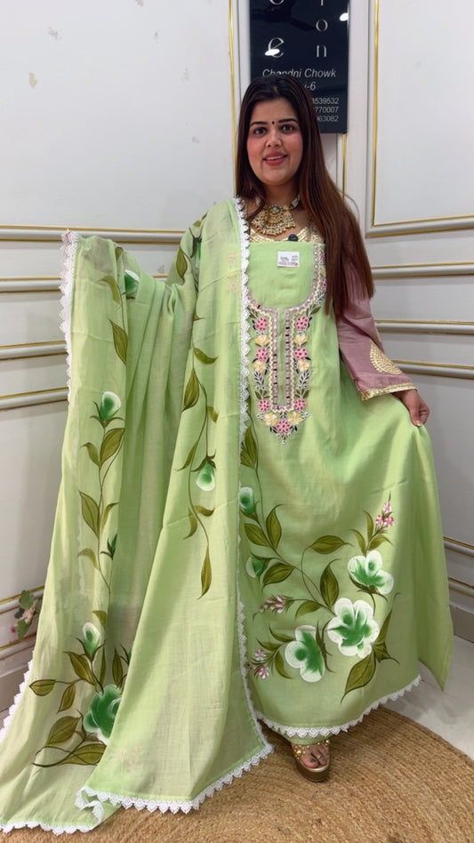 Latest and Designer Mul Mul hand paint series along with designer neck hand embroidery work along with pure Mul Mul hand painted dupatta GF1087 LIGHT GREEN