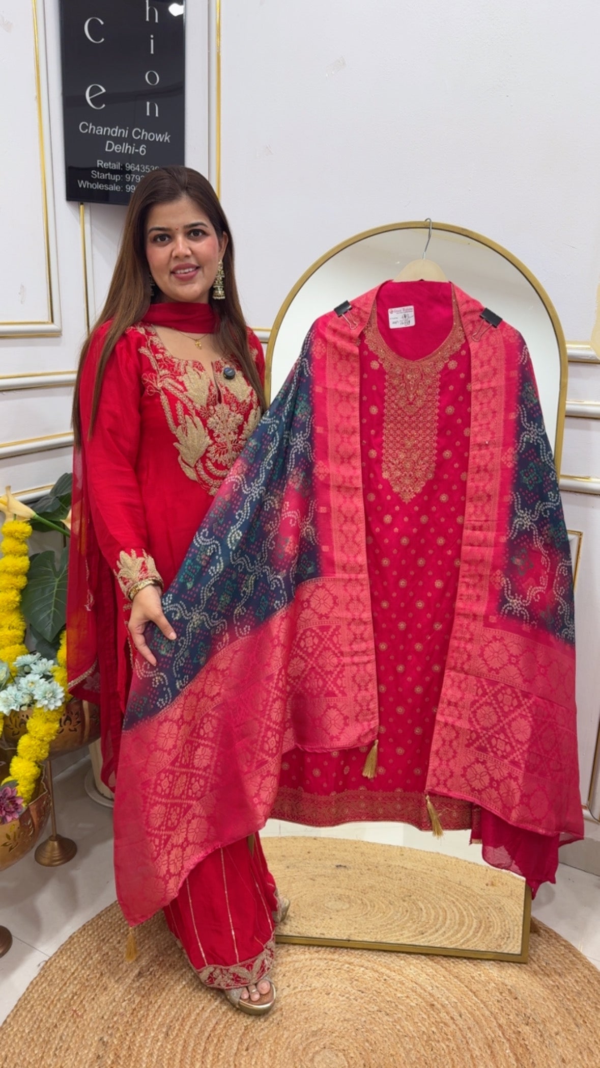 Beautiful weaved silk suit material with full weaved bandhani printed dupatta  GF680