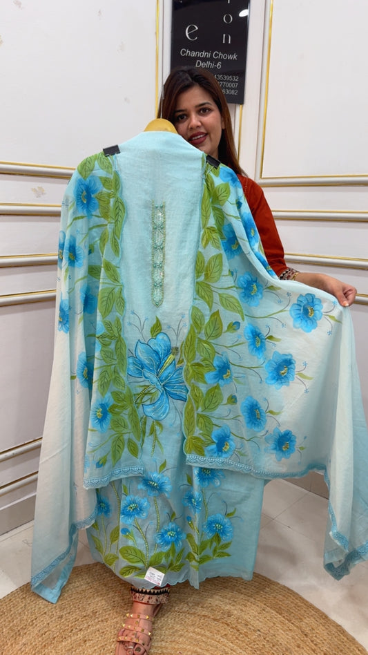 Unique and beautiful brush painted pure Mul Mul suit material along along with gorgeous brush painted dupatta summer special treat GF1067 SKY BLUE