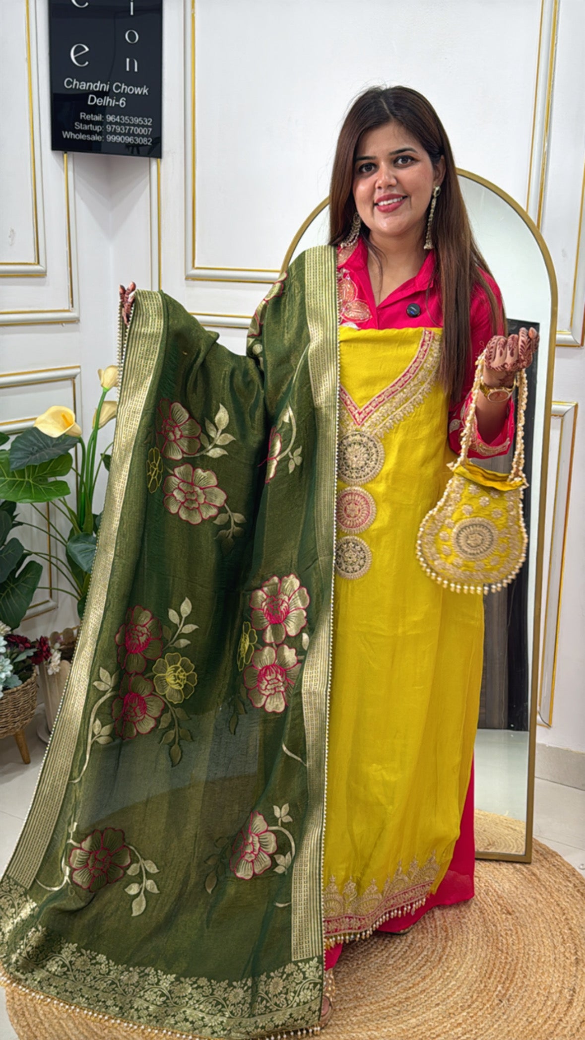 Pure Kanjivaram Silk Shirt with Designer Weaved Banarasi Dupatta and Handwork Potli GF 390