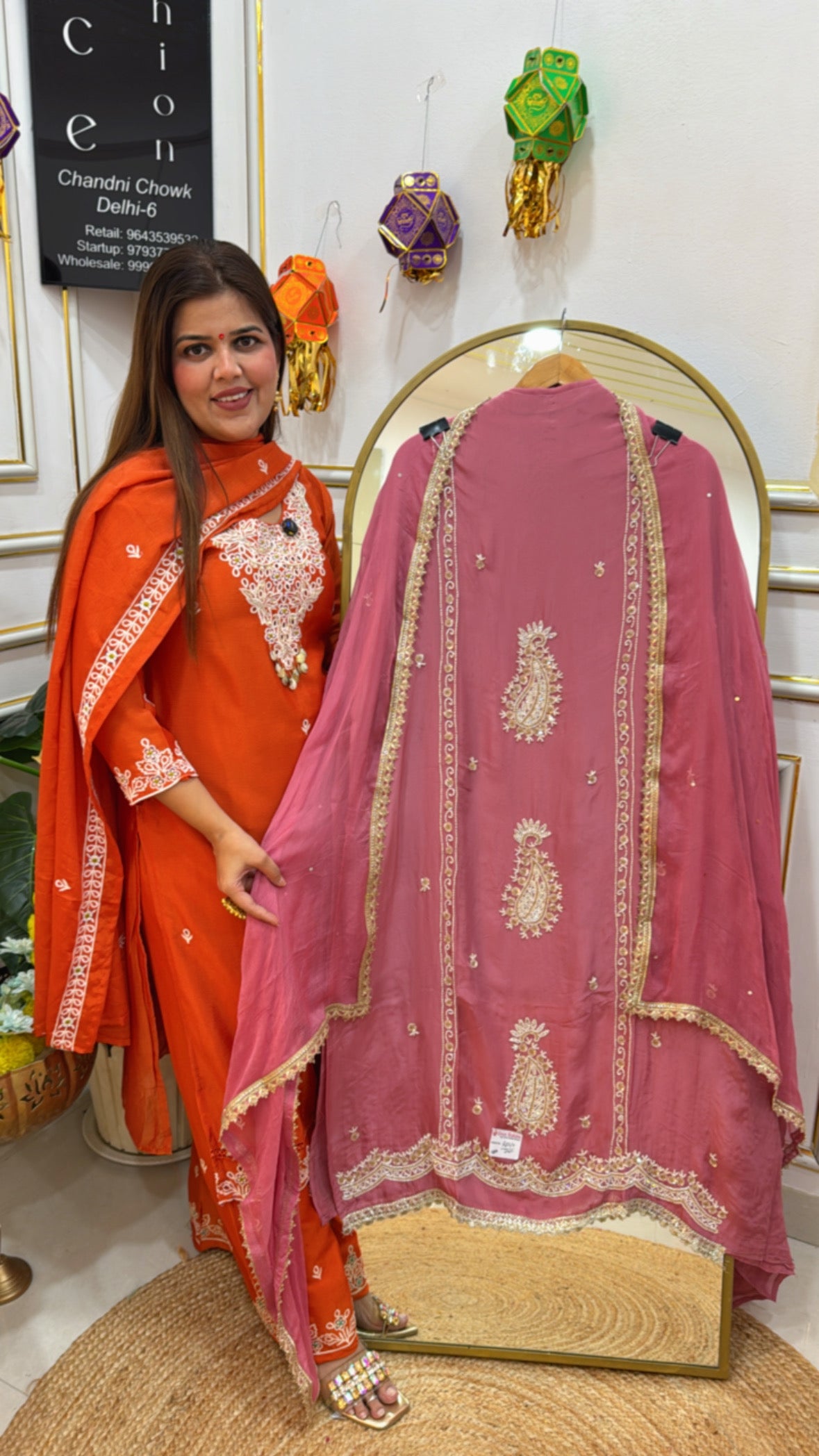 Handwork special premium crepe material suit material handwork motif all over shirt with chiffon dupatta GF672