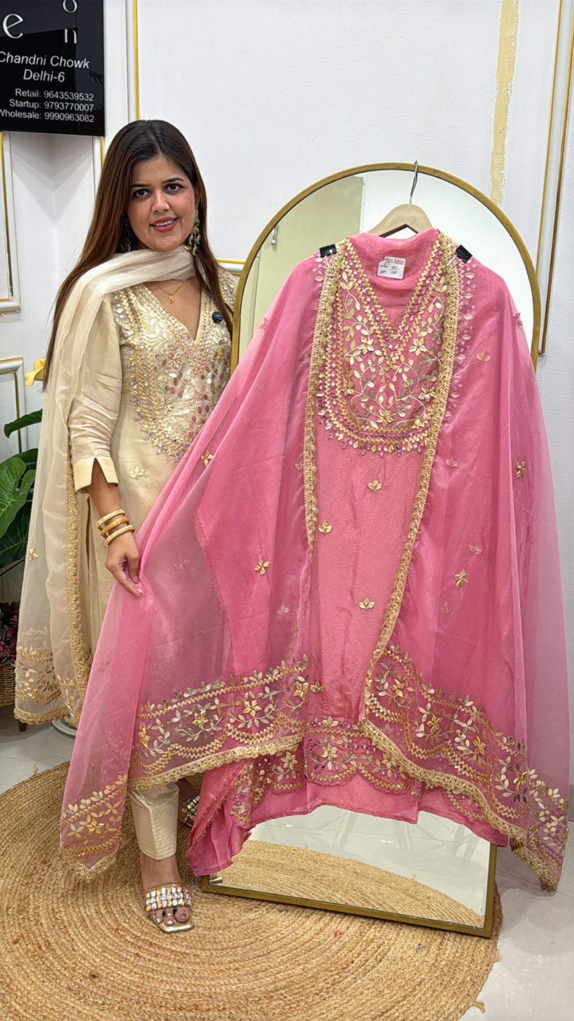 Partywear Shimmer Silk Suit with Full Leather Patch &amp; Gota Detailing and Designer Organza Dupatta GF 540