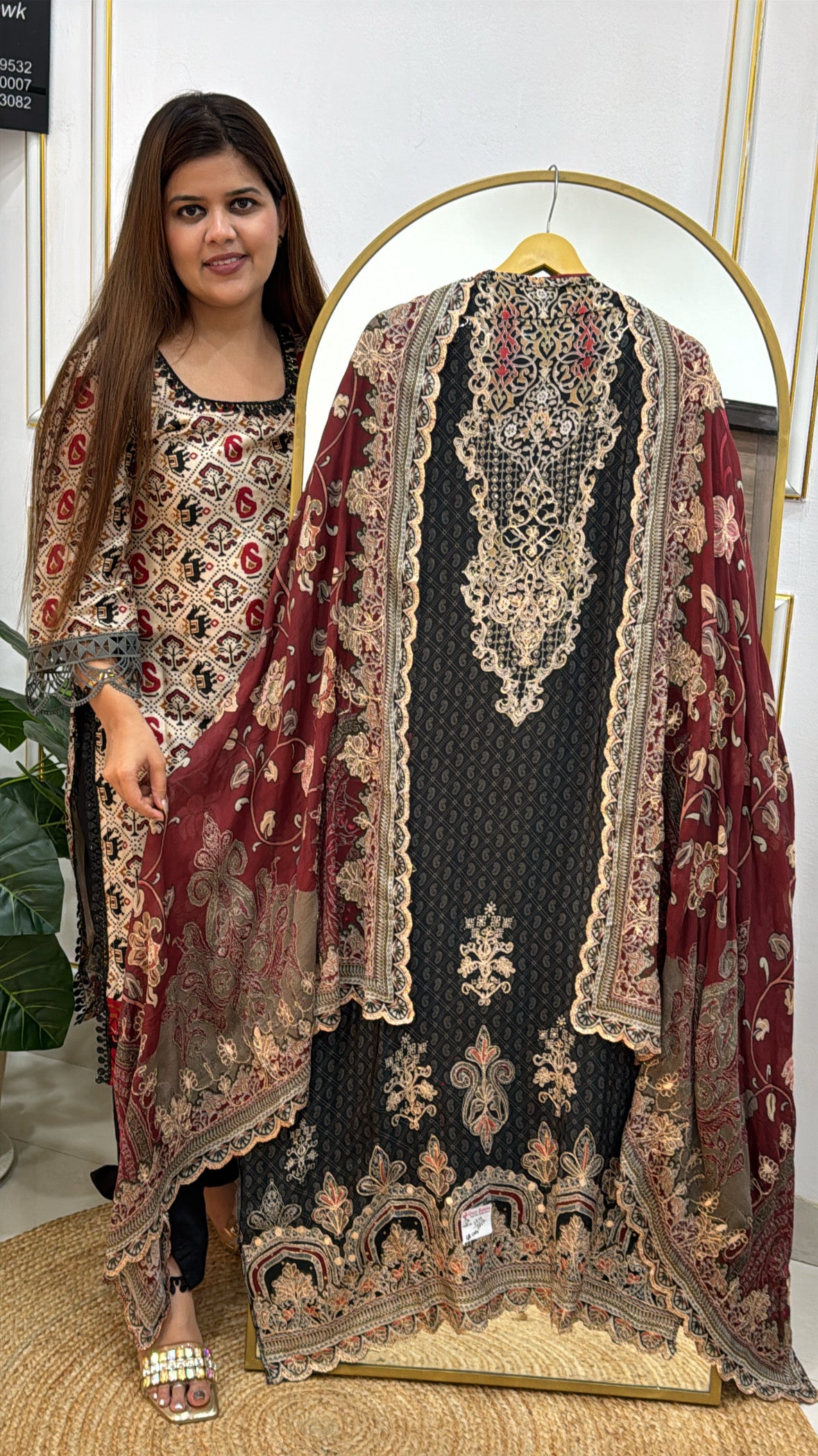 Make a statement in this elegant Karachi crepe unstitched suit GF 289