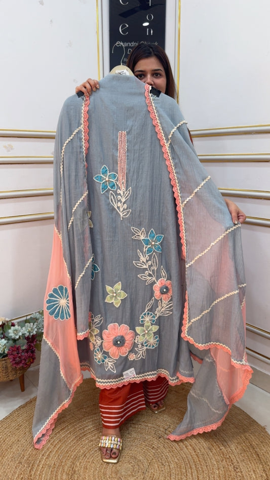 Pure Mul Mul cotton latest vibrant colours beautiful cotton suit material along with Mul cotton premium embroidery dupatta GF1105 Gray