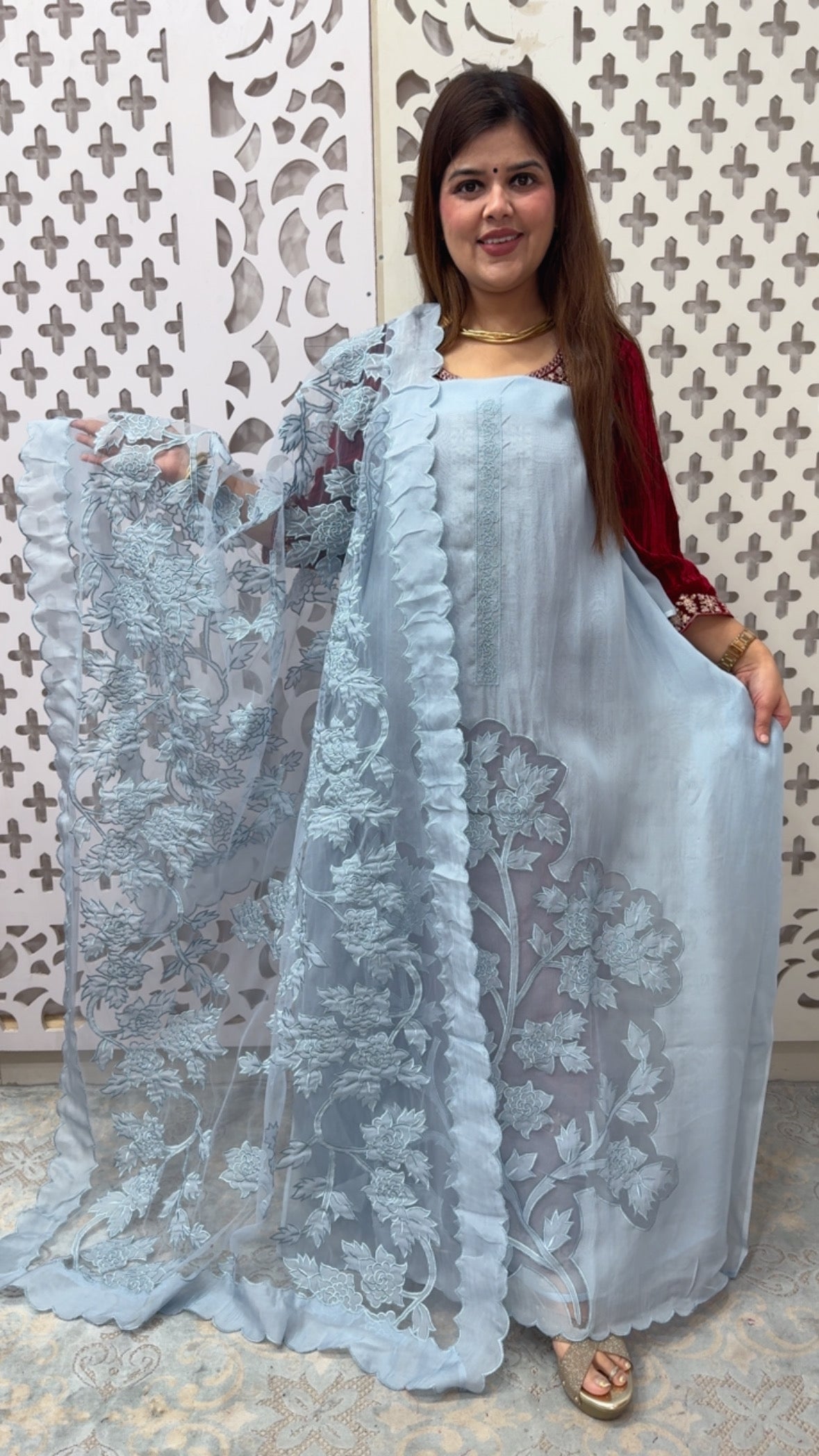 Premium and designer Royal Applique  work Organzza silk super classy suit material  along with unique applique work dupatta GF864