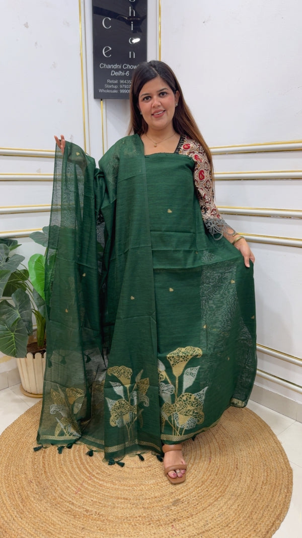 Royal and pure elegance premium Moonga silk weaved jamdhani suit material along with designer weaved Moonga silk dupatta gf1197 Green