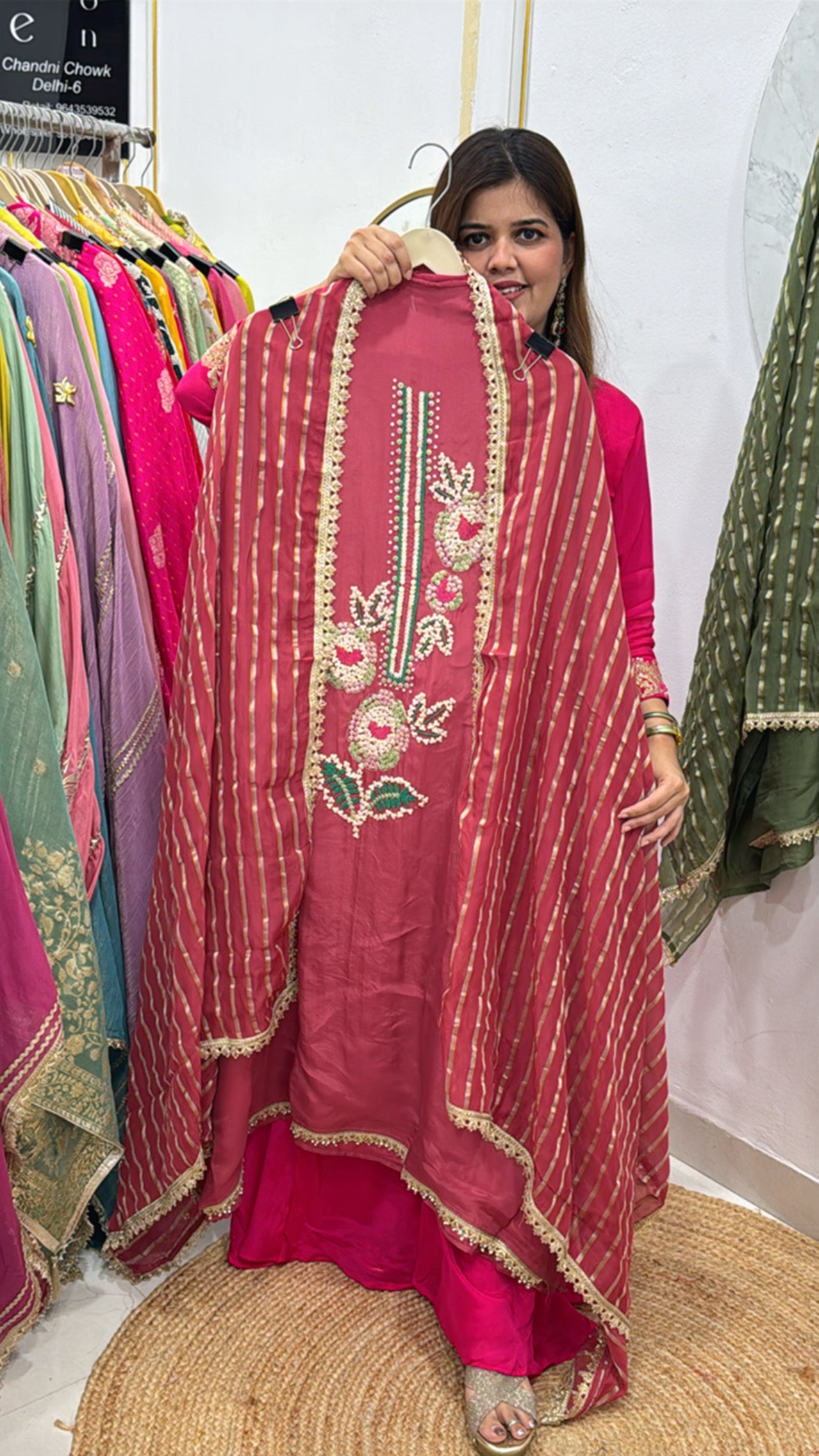 Partywear special latest 3d handwork over pure crushed shimmer silk shirt material along with designer silk dupatta GF558