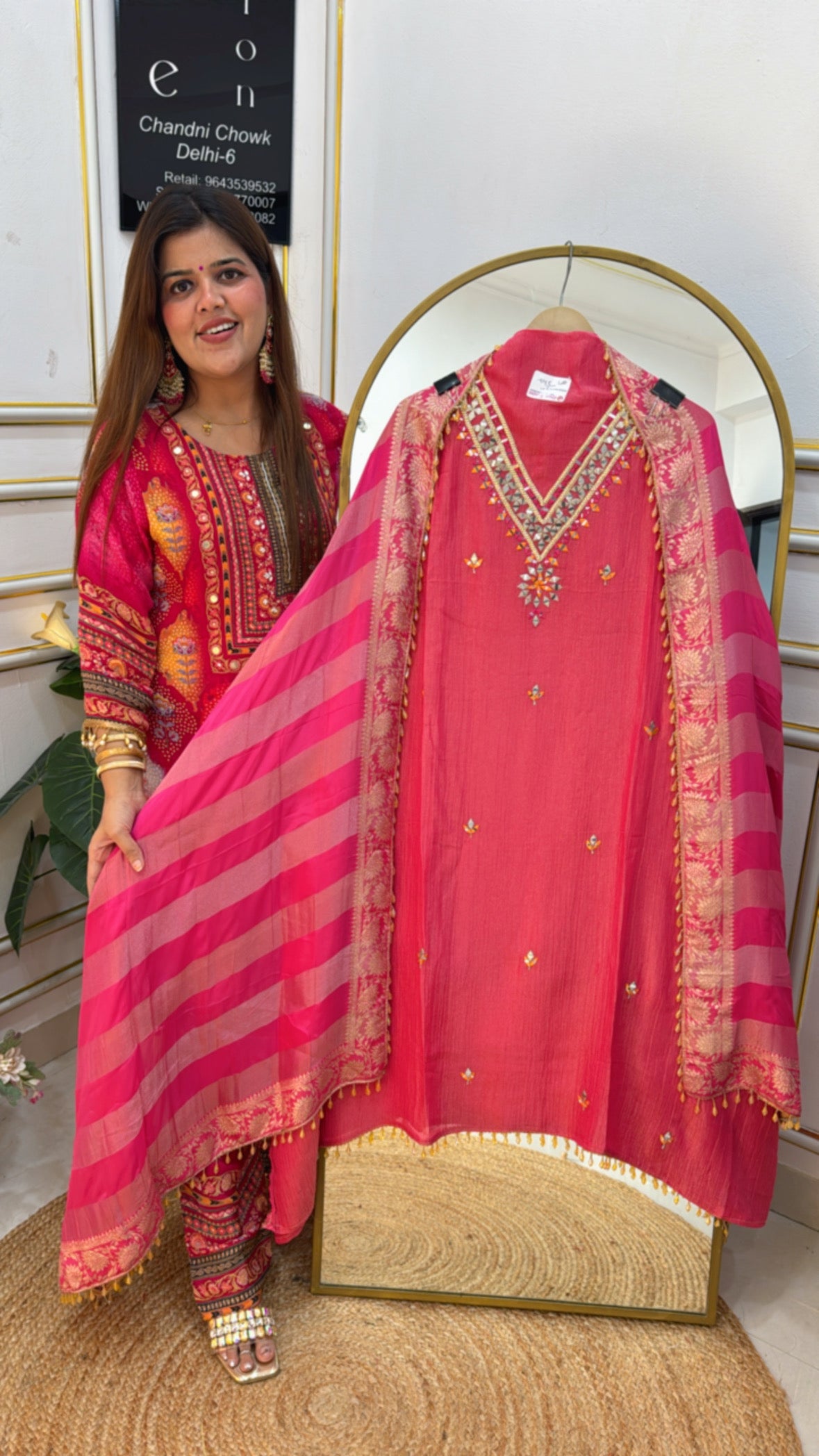 Stylish and beautiful crushed silk suit material with designer mirror neck work along with designer dupatta GF641