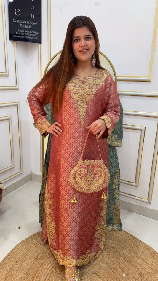 Trending one piece long side slit pure giraffe silk material viral single piece dress fits upto size 46 GF911