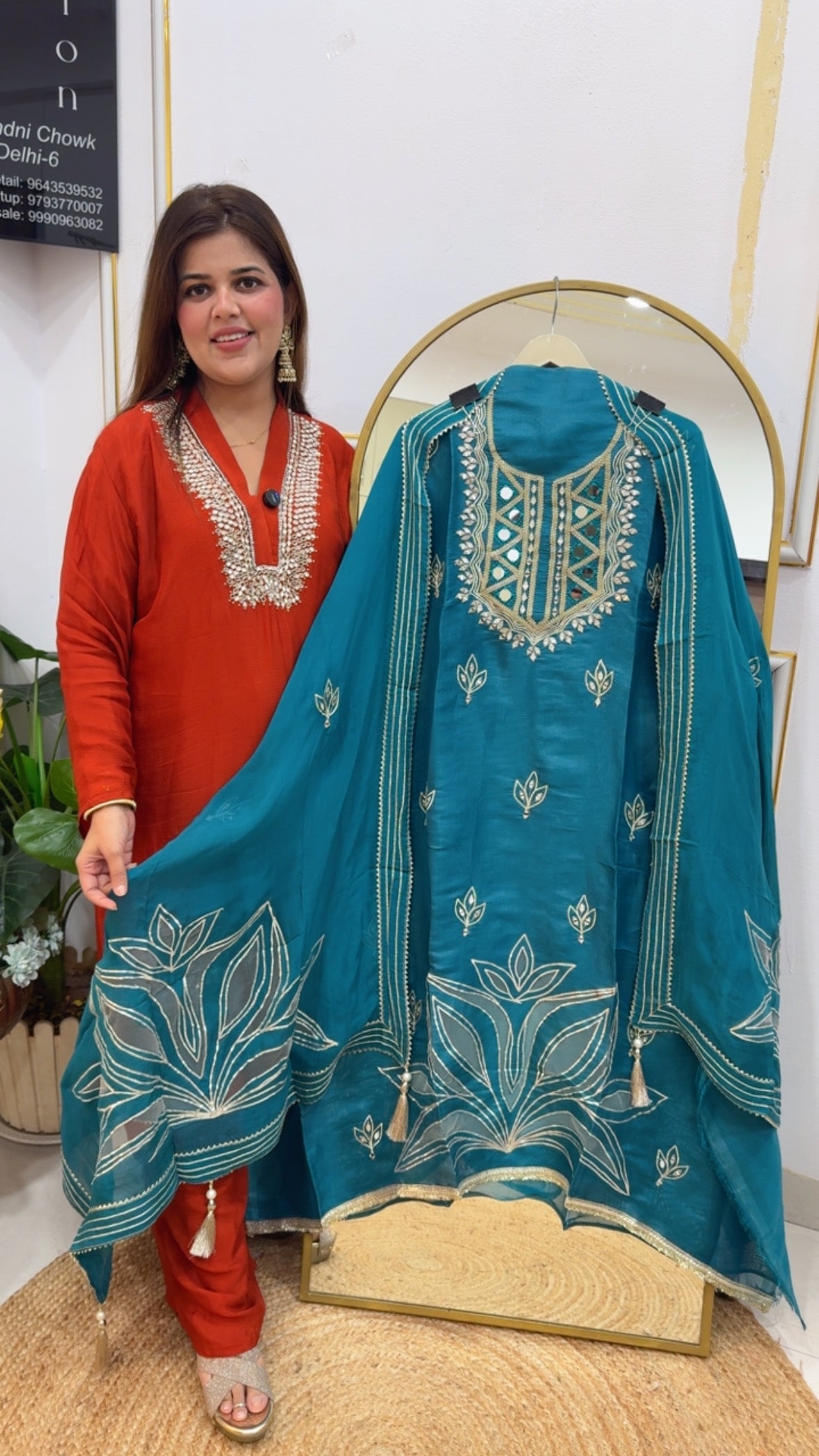 Premium mirror detailing with applique work pure shimmer silk partywear suit material GF695