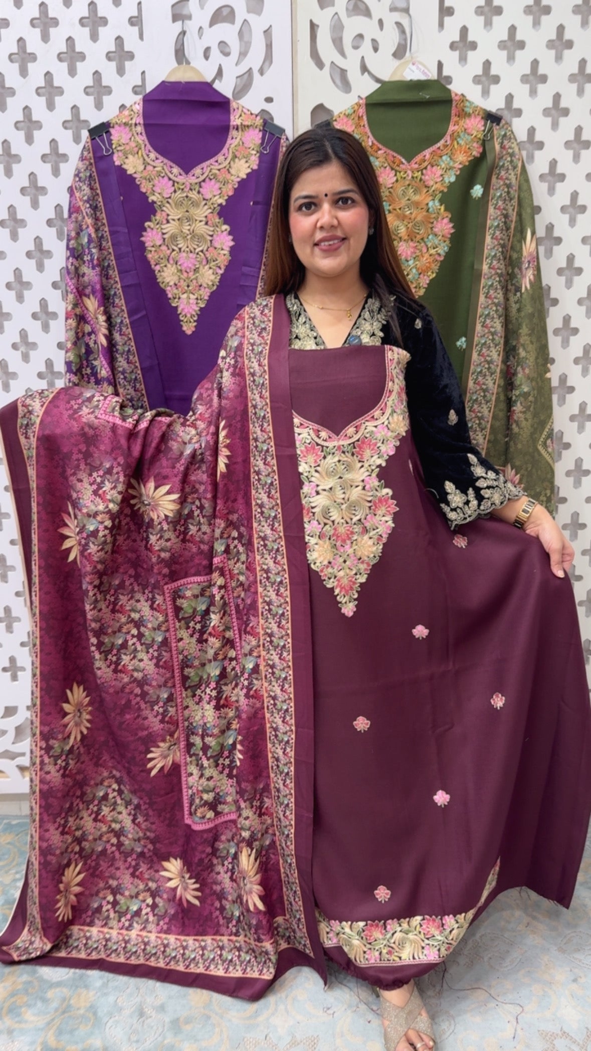 Kashmiri pashmina full embroidery suit pashmina suit material with beautiful digital printed pashmina shawl along with pashmina bottom GF832