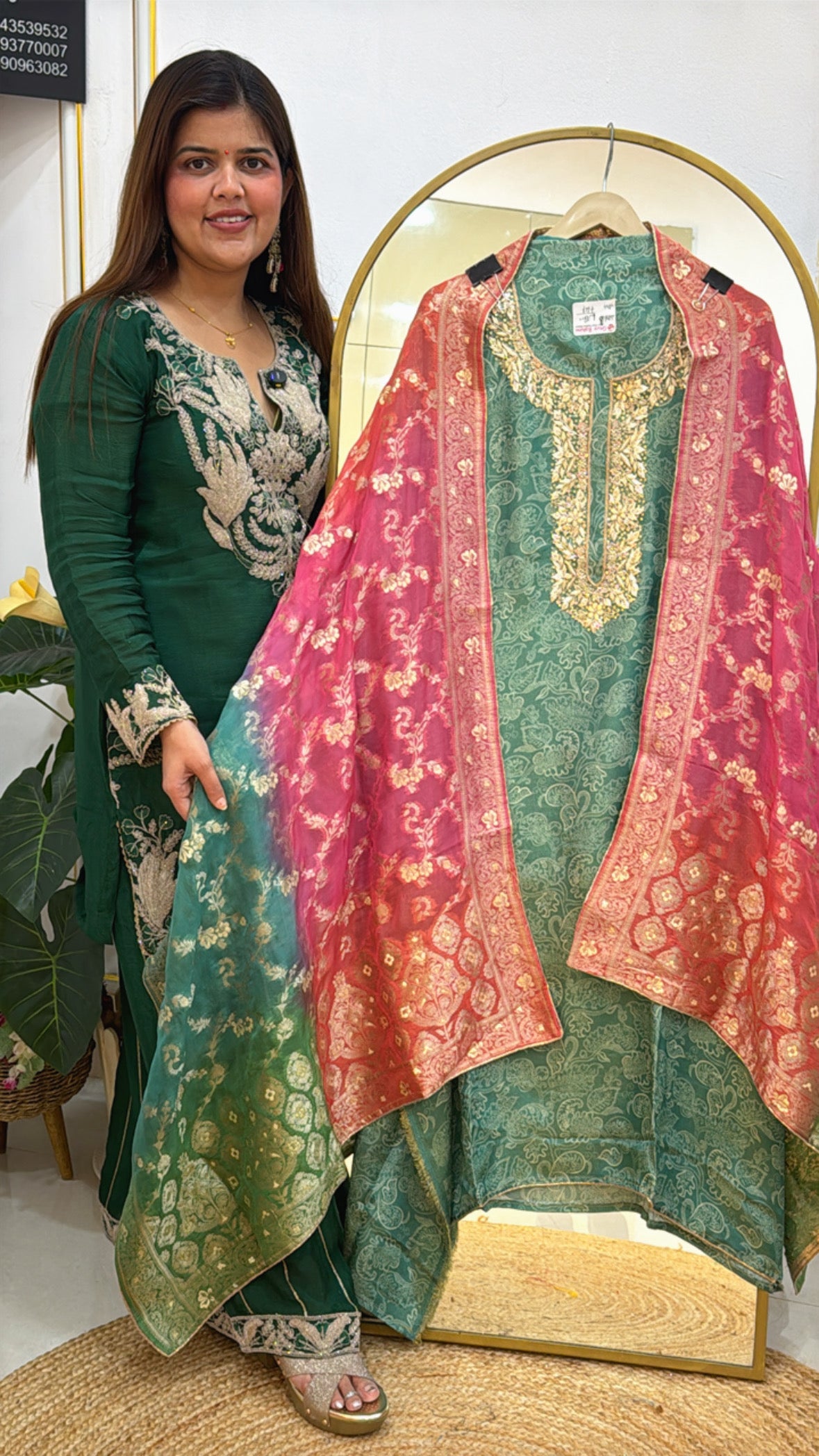 Wedding special pure kanjivaram suit material along with premium neck handwork with triple die organza silk weaved dupatta GF 622