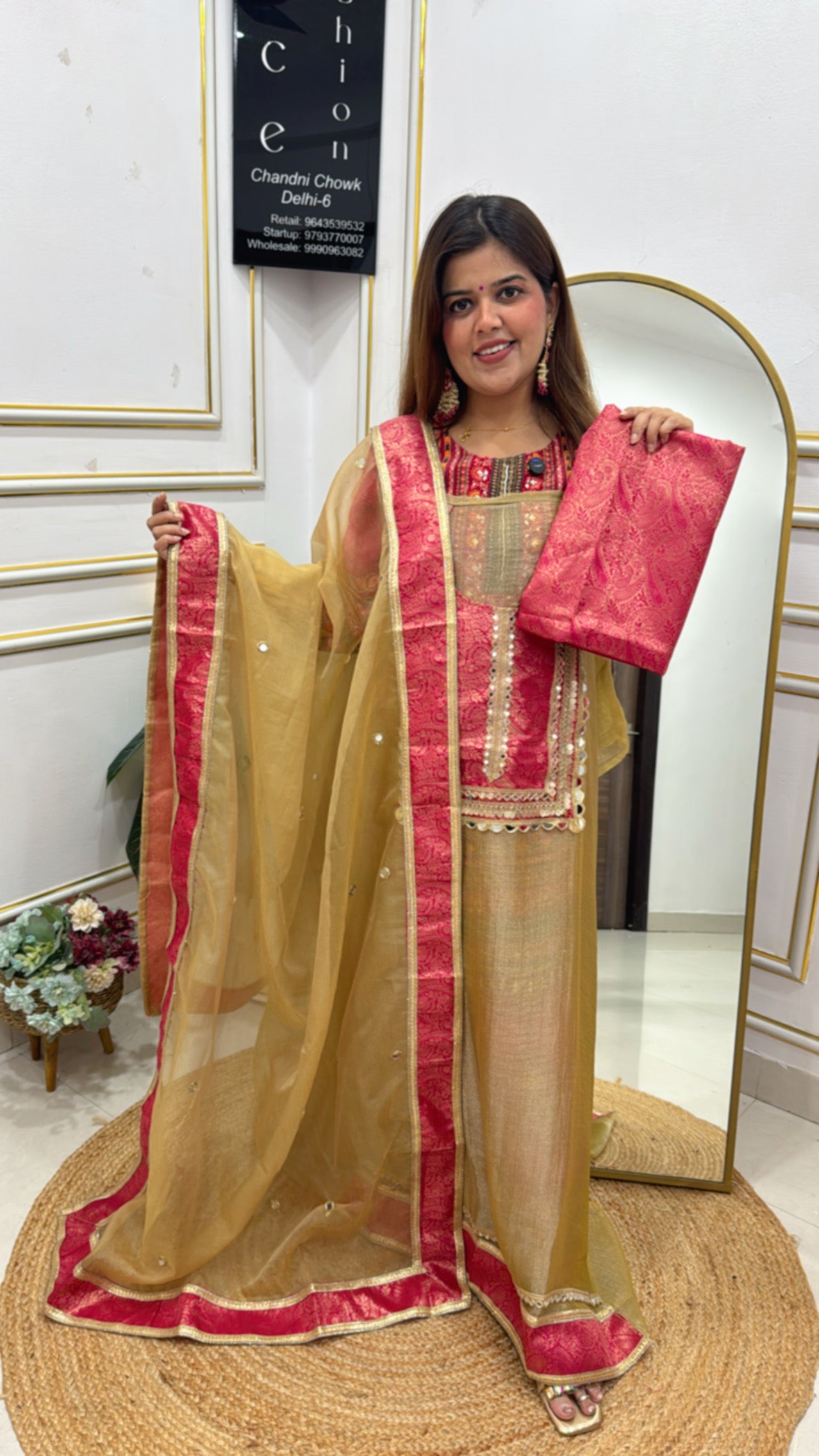 Golden beige latest tissue tusser silk creation with premium brocket bottom material GF636