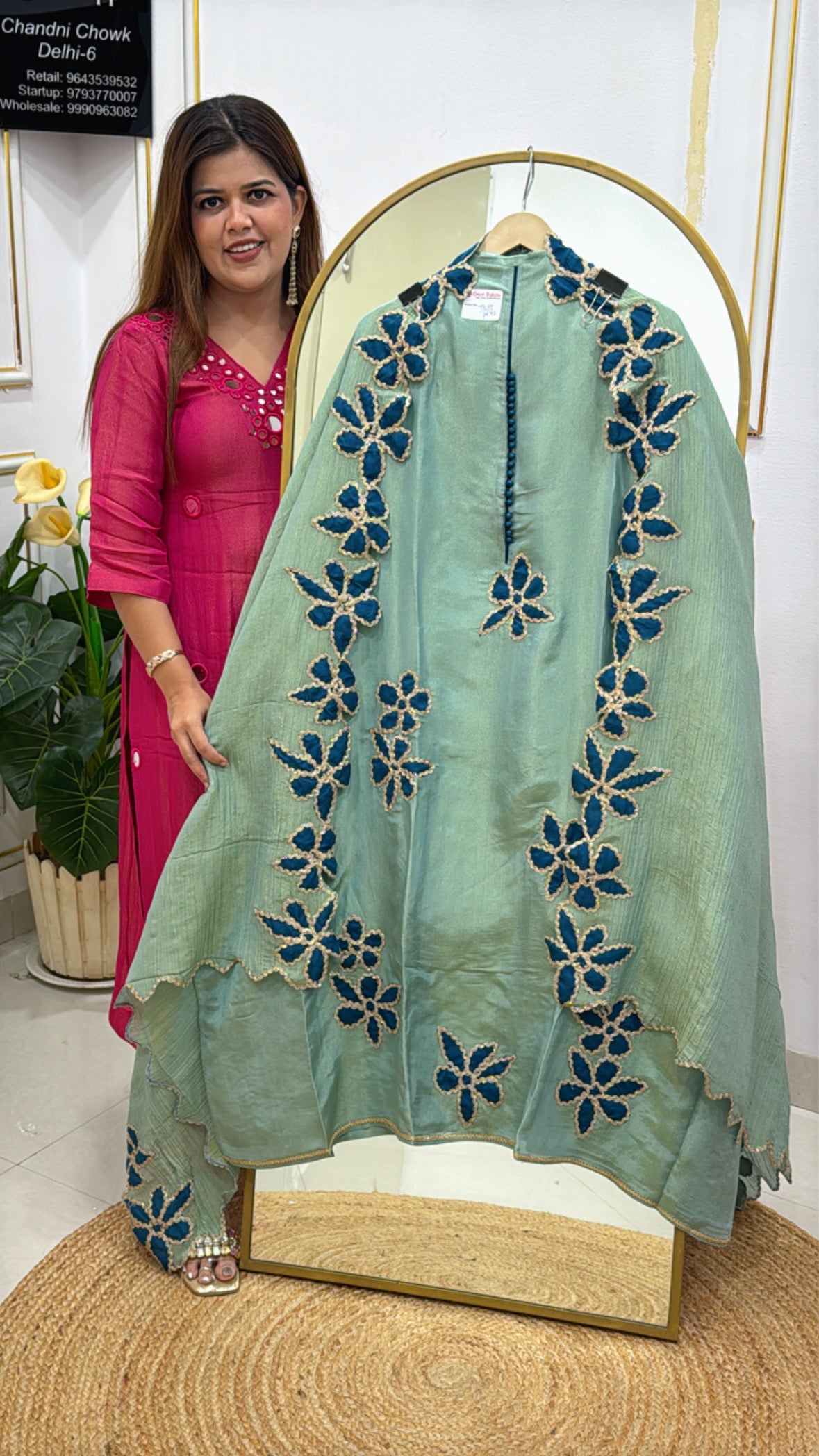 Latest partywear shimmer silk with designer applique cutwork all over shirt and crushed silk dupatta GF 487