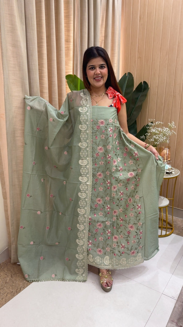 Pure cotton super elegant embroidered beautiful suit material along with classic embroidered dupatta GF1181 Soft Green