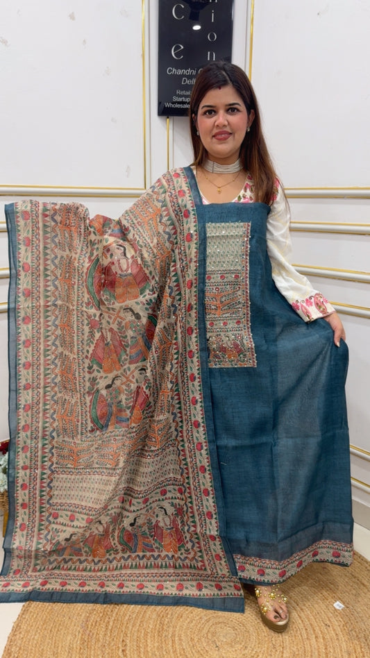 Everyone favourite super Royal and classy Mul Chanderi Khantha work suit material along with pattachitra printed art work GF1094 Blue